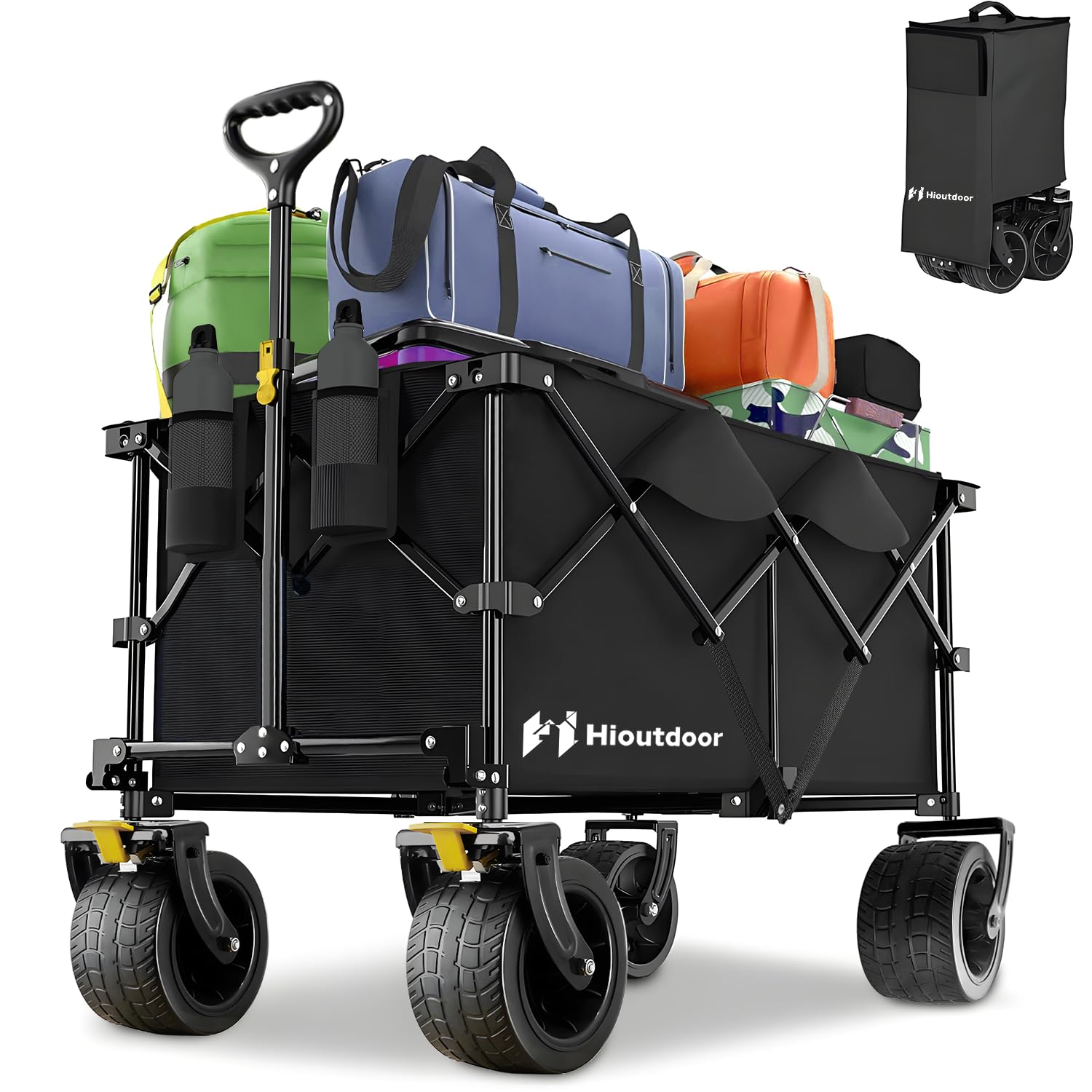 Hioutdoor Foldable Handcart 4-Way Collapsible, 200 L Capacity, 180 kg Load Capacity, 9 x 16 cm All-Terrain Wheels, Adjustable Telescopic Handcart for Garden, Camping, Outdoor, Black