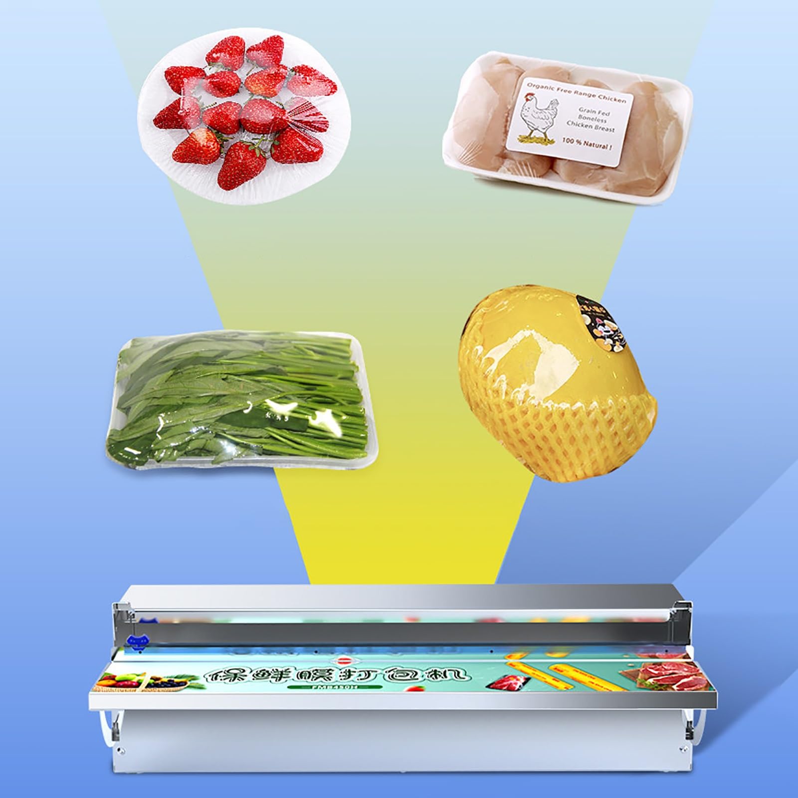 Frischhaltefolie Verpackungsmaschine mit Schneidevorrichtung, Hand-Stretchfolien-Verpackungsmaschine, Folienwickler aus Edelstahl mit Klappbarer Arbeitsfläche, für Großküchen und Supermärkte