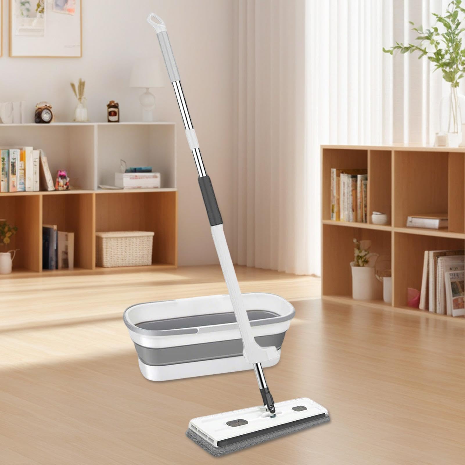 Mopa Plana de Suelo Cabezal Limpiador Giratorio 360° Mango Largo Seco o | Herramienta para Lavar Suelos con Mango Largo Mopa Atrapapolvo de Microfibra con Mango Largo para Cocina, Baño, Hog