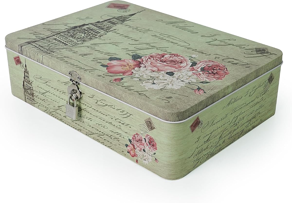Luwint Caja de almacenamiento de metal de hojalata – Contenedor de galletas de papel de carta vintage Estuche secreto decorativo con llave y cerradura Regalos para niños Niñas Cumpleaños Decoración del hogar Recuerdo