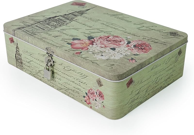 Luwint Caja de almacenamiento de metal de hojalata – Contenedor de galletas de papel de carta vintage Estuche secreto decorativo con llave y cerradura Regalos para niños Niñas Cumpleaños Decoración del hogar Recuerdo