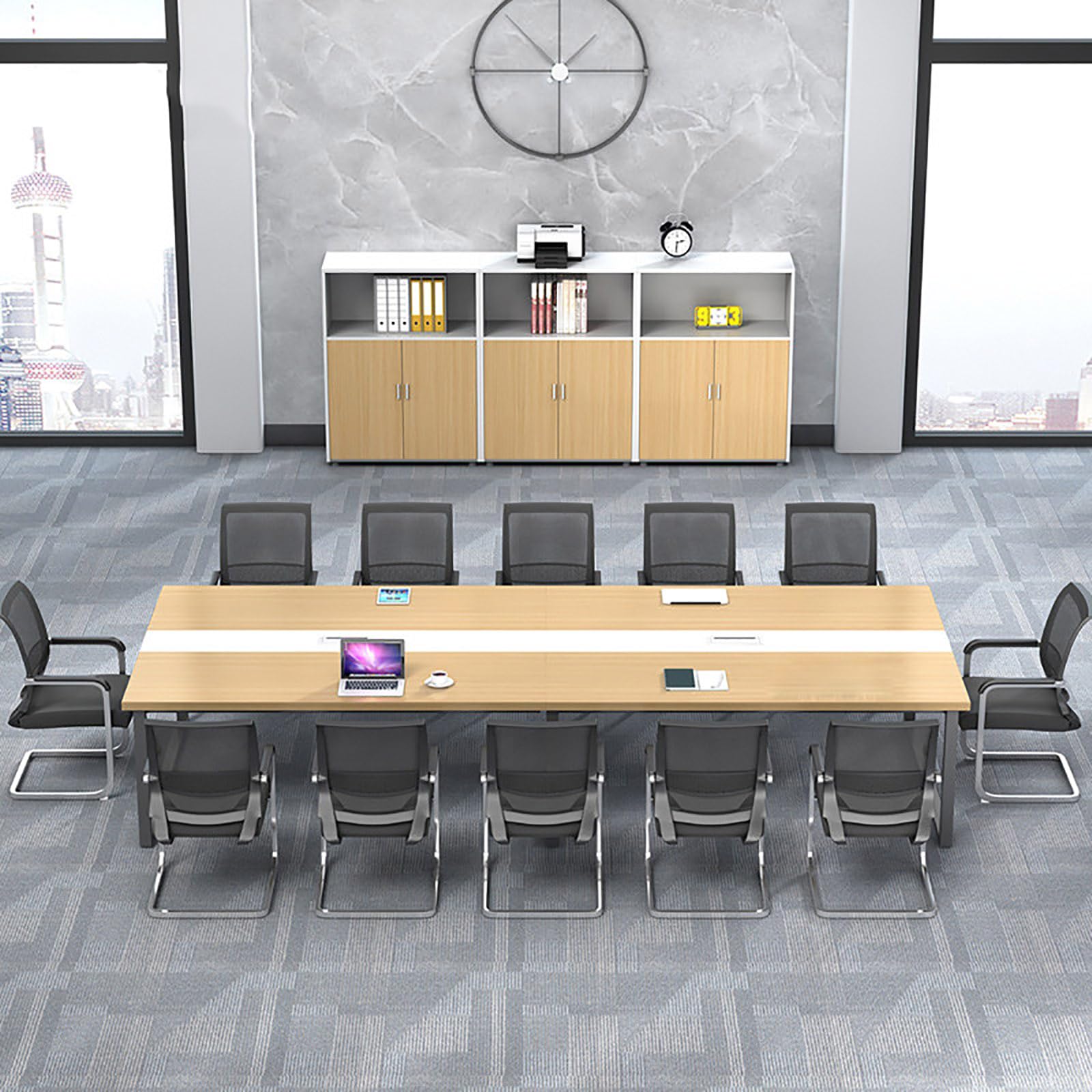 Tavolo Riunioni 240 cm per 8-10 Persone, Grande Tavolo Conferenze Rettangolare con Struttura in Metallo, Tavolo Ufficio con Passacavi per Sala Riunioni White
