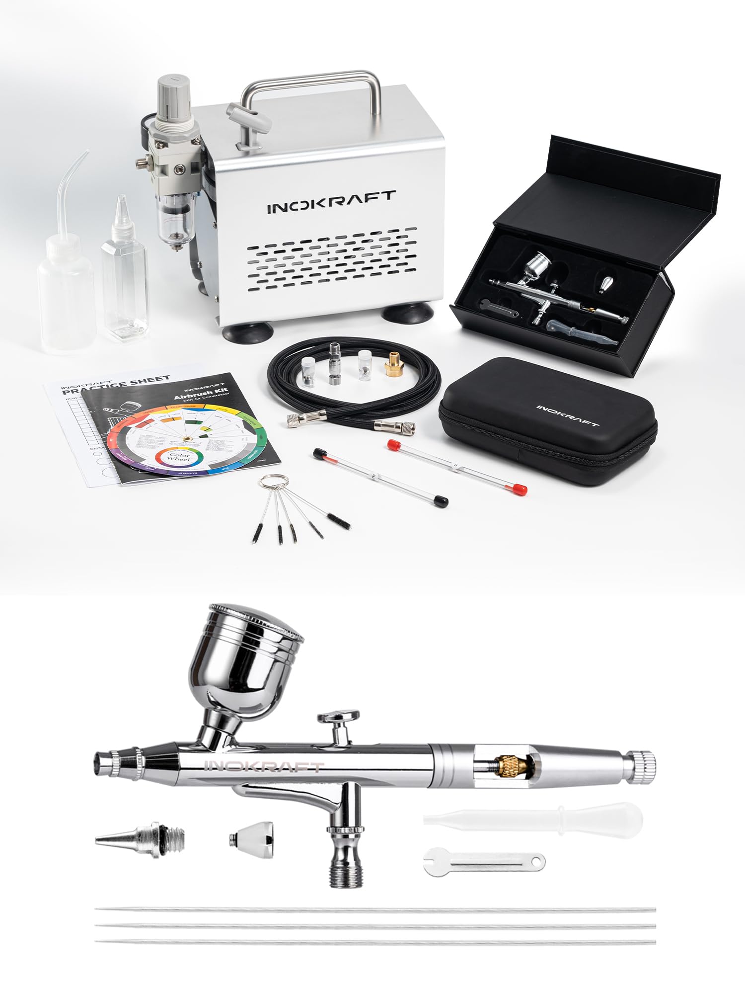 InoKraft Airbrush Kit with Air Compressor- 1/6 HP Quiet Air Compressor+2 Gravity Airbrush with 3 Tips 0.2, 0.3 & 0.5 mm- Hose, Holder, How-To Guide- Airbrush Paint Set for Model Painting gift