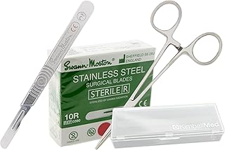Dermaplaning Kit with Swann Morton 10R Dermaplaning Blades (100ct.) No 3 Handle, Kimball Med Storage Box, Compatible Hemostat for Installing Dermaplane Blades