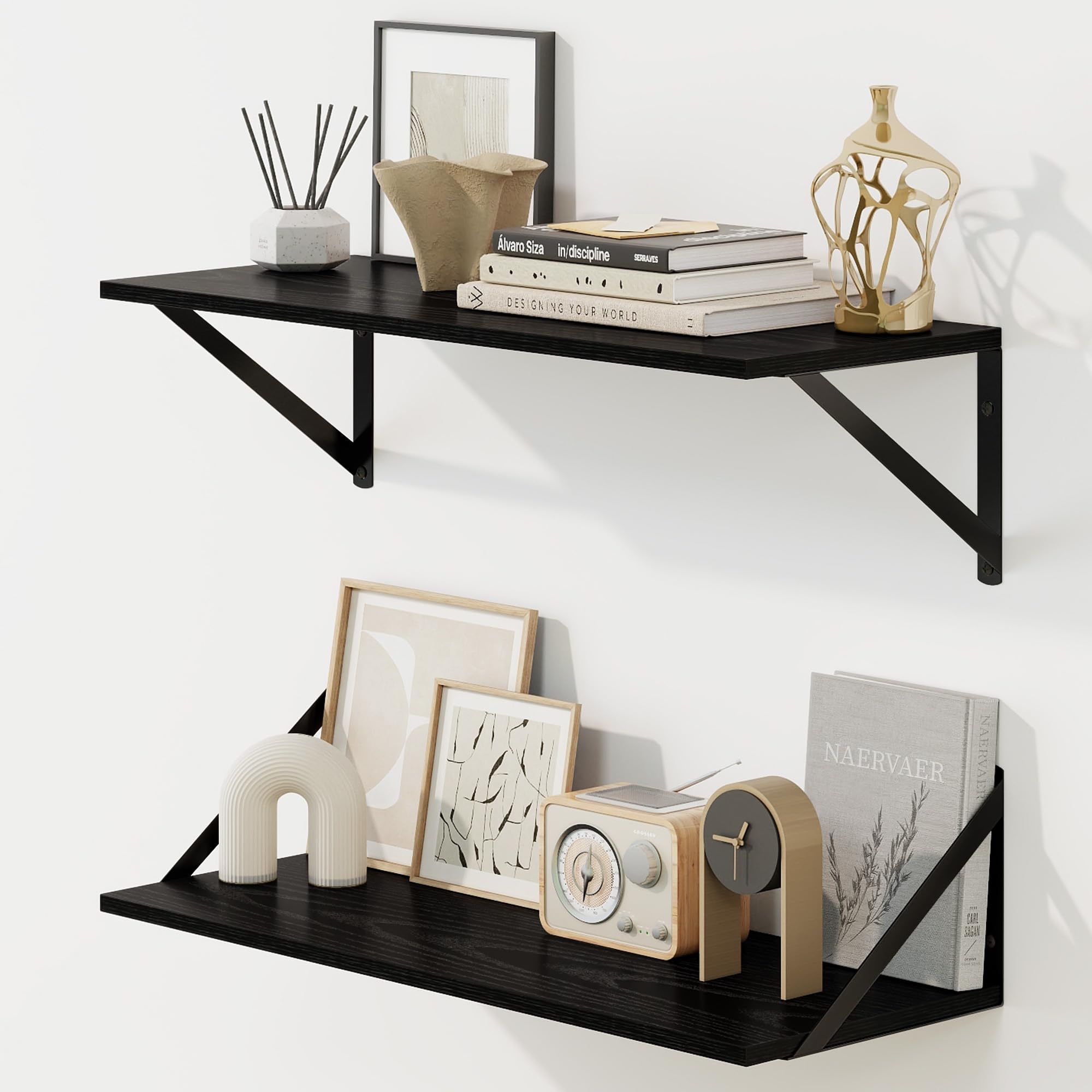 Fun Memories Deep Floating Shelves for Wall, 60 x 20 cm Wall Mounted Shelves Set of 2, Wide Display Ledge Shelf with Sturdy Metal Brackets for Living Room, Bathroom, Bedroom and Kitchen, Black — image 1