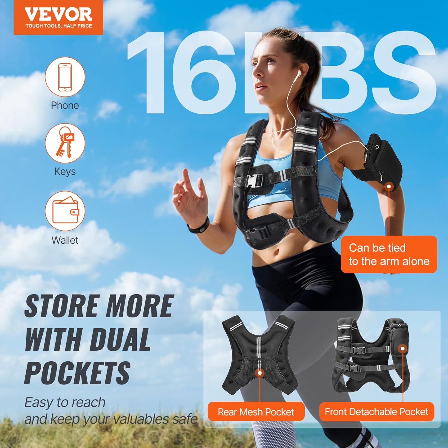 VEVOR Weighted Vest, 12/16/20/30 lbs Weight Vest with Reflective Stripe, Adjustable Buckle Body Weight Vest, Workout Equipment for Strength Training, Running, Jogging, Fitness, and Weight Loss