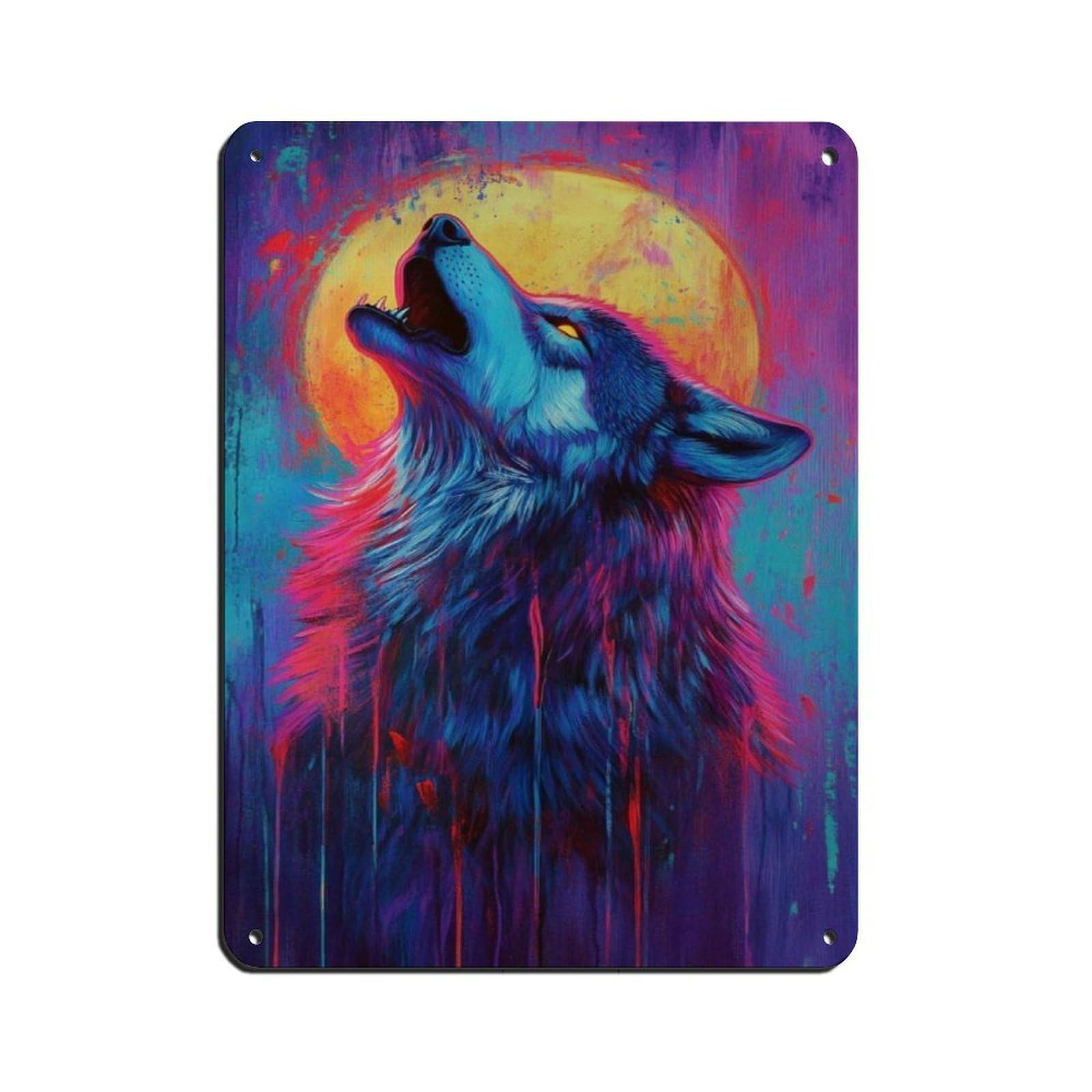 Colorful Wolf Howling at Moon Tin Sign Vintage Metal Pub Club Cafe Bar Home Wall Art Decoration Poster Retro 12x16inch(30x40cm)