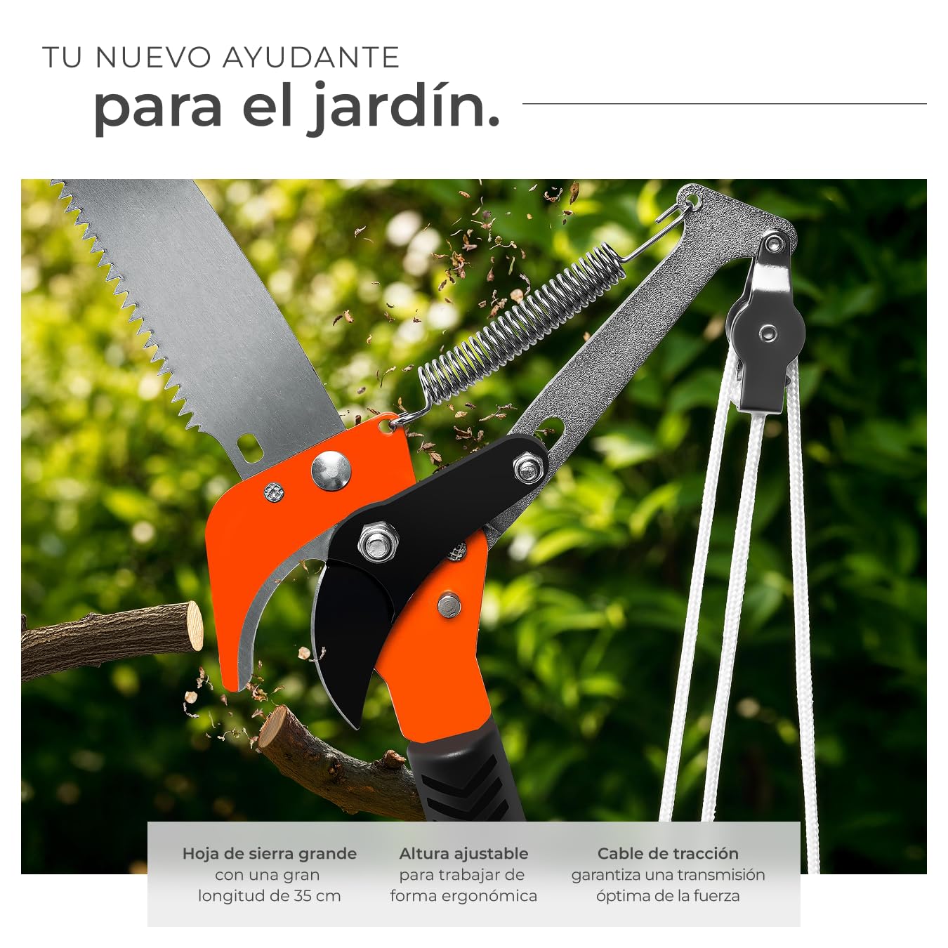 tectake® Cortarramas con Pertiga Podar, Herramientas Jardin para Guardar en Casetas Jardin, Cuidar Decoración Jardín, Kit Jardineria, Herramientas Jardineria, Altura Máxima 4 Metros - 260 x 35 x 3 cm