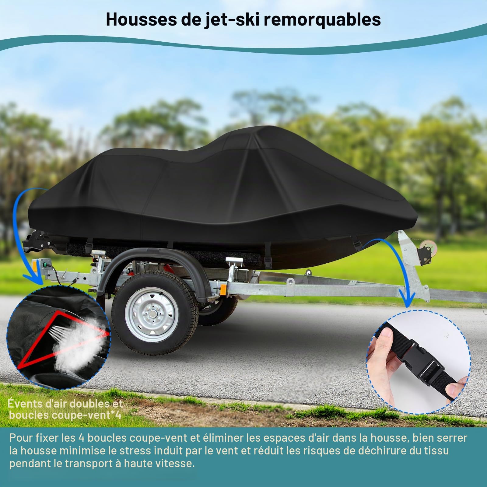 Bache Jet Ski 420D Durable et imperméable, Housse Waverunner 3 Places avec 2 aérations, 4 Boucles Coupe-Vent, Housse Universelle Toutes Saisons pour Seadoo (Noir,XXL : 345-368 cm)