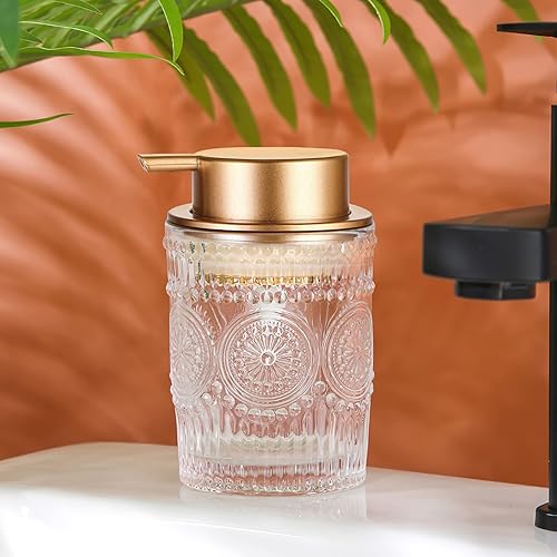 Miniatura 7 de Dispensador de jabón para platos de vidrio de 8 onzas, botella líquida transparente para manos con bomba de plástico dorado, dispensador de loción