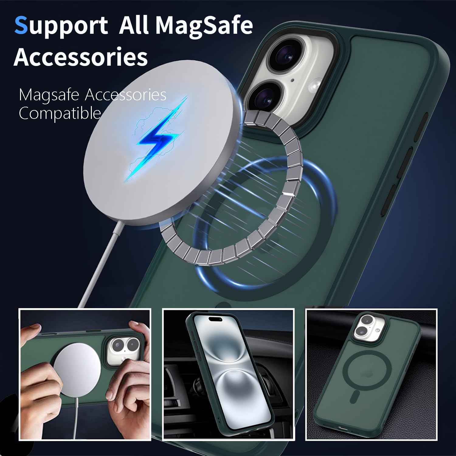 AOMYKE Cover Magnetica per iPhone 16, Custodia iPhone 16 Compatibile con MagSafe, Traslucida Opaca Posteriore Sottile PC+TPU Bumper Antiurto Case - Verde