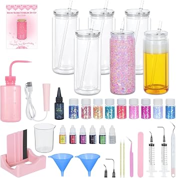6 Pack 20 Oz Acrylic Snow Globe Tumbler Supplies Starter Kit, Double Wall Plastic Pre-Drilled Snowglobe Tumbler Cup Tool Set, Including Squeeze Bottle Cup Cradle and Scraper etc.