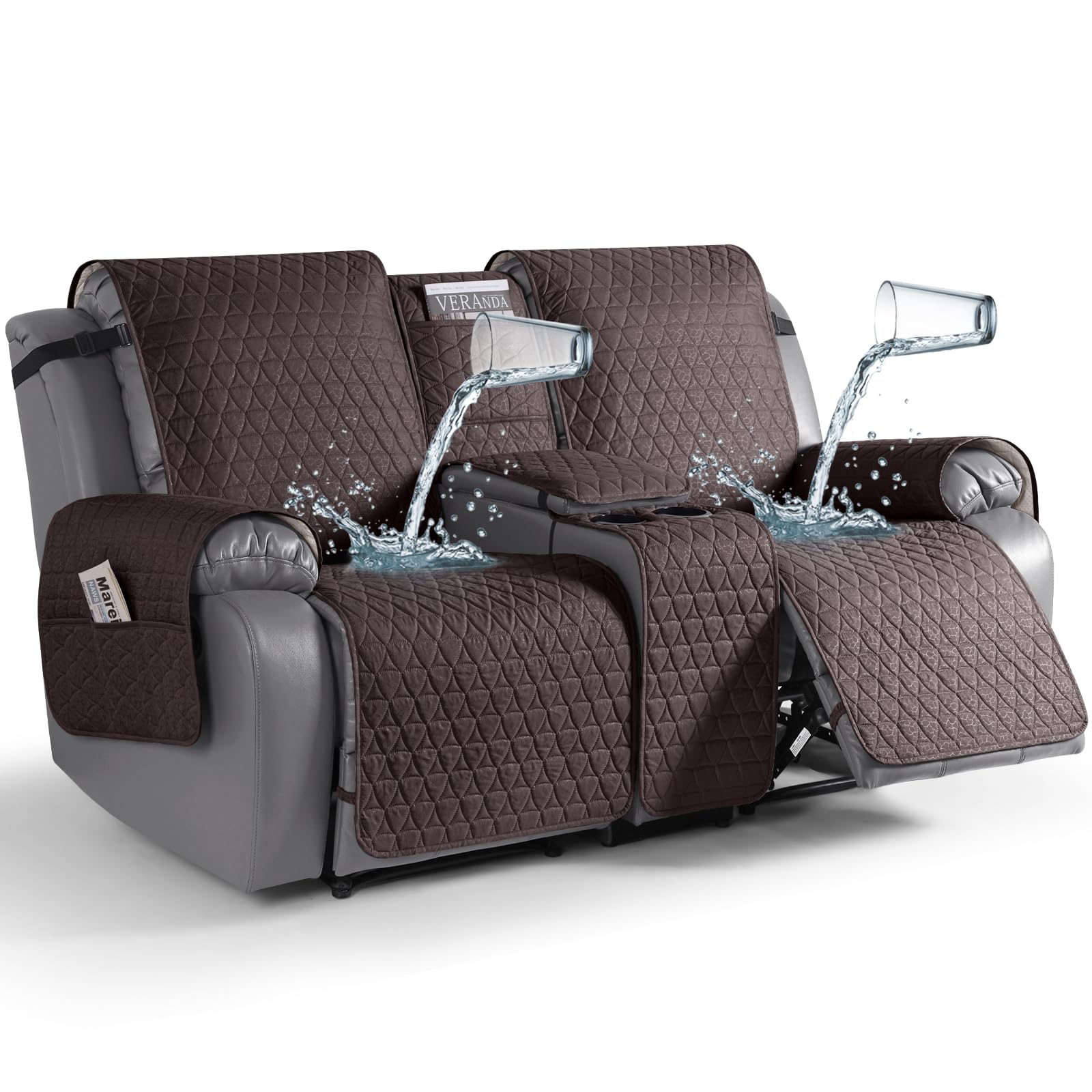 TAOCOCO 100% Waterproof Loveseat Recliner Covers with Console, Non Slip Recliner Covers that Stay in Place, Split Seat Design Washable Reclining Loveseat Cover with Elastic Straps, Chocolate