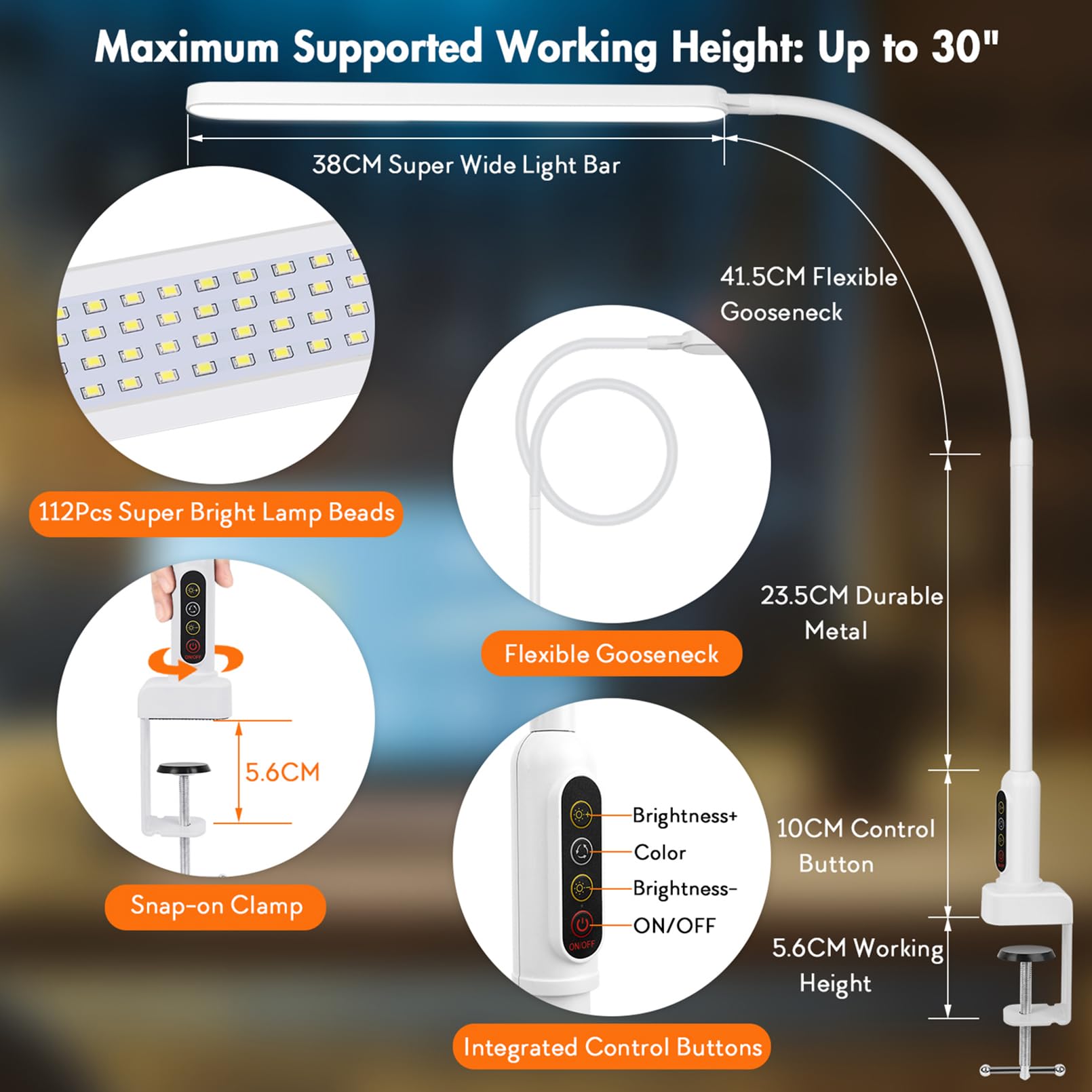 Lampada da Scrivania a LED, 1400LM Lampada da Tavolo con Morsetto a - Collo di Cigno, 11 Livelli di Luminosità X 5 Modalità di illuminazione Dimmerabile, Protezione degli Occhi, Funzione di Memoria