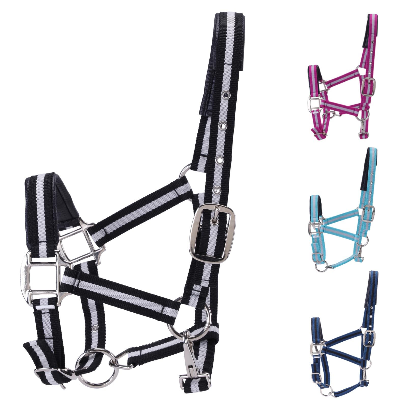Licol réglable pour cheval – Sangle et matériel en nylon très résistant, rembourré avec mousse anti-frottement rembourrée sur la couronne et le nez Noir