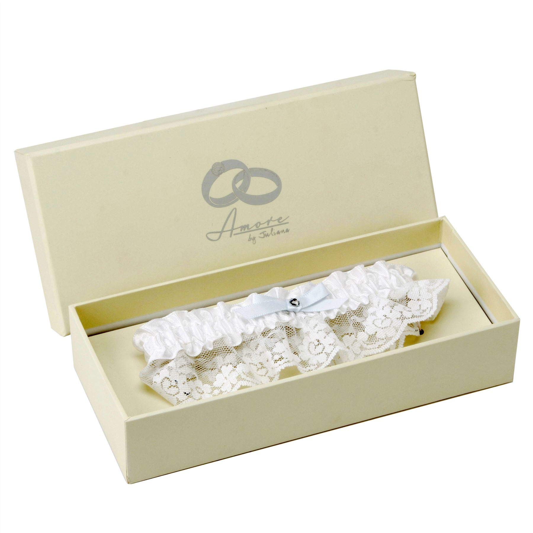 Amore Braut-Strumpfband – Weißer Satin Mit Spitze, Hellblauer Schleife & Kristall, Im Geschenk-Karton