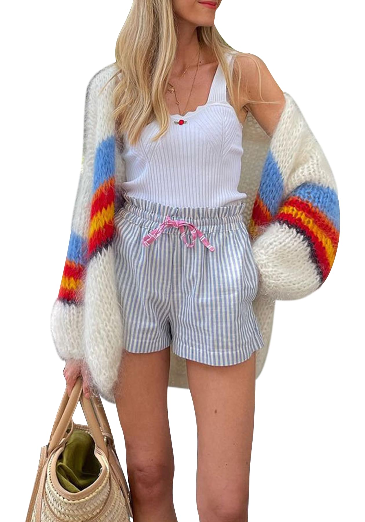 Unybwonn Women Colorful Open Front Cardigans Batwing Pastel Rainbow Cute Sweater Drop Shoulder Oversized Sweater Coat