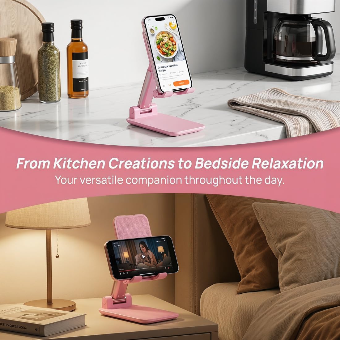 Soporte para teléfono, soporte para teléfono celular ajustable en ángulo con almohadilla de silicona para escritorio, soporte para teléfono móvil totalmente plegable, compatible con todos los