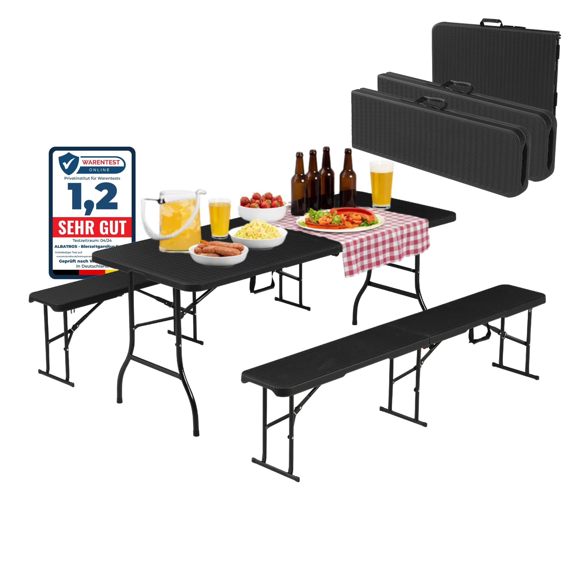 ALBATROS Bierzeltgarnitur 3-teilig klappbar | Stabiler Klapptisch 300 kg & 2 Bierbank 500 kg | Biertischgarnitur für 10 Personen | Camping Tisch Outdoor | Biertisch 182 cm | Garten Möbel Set