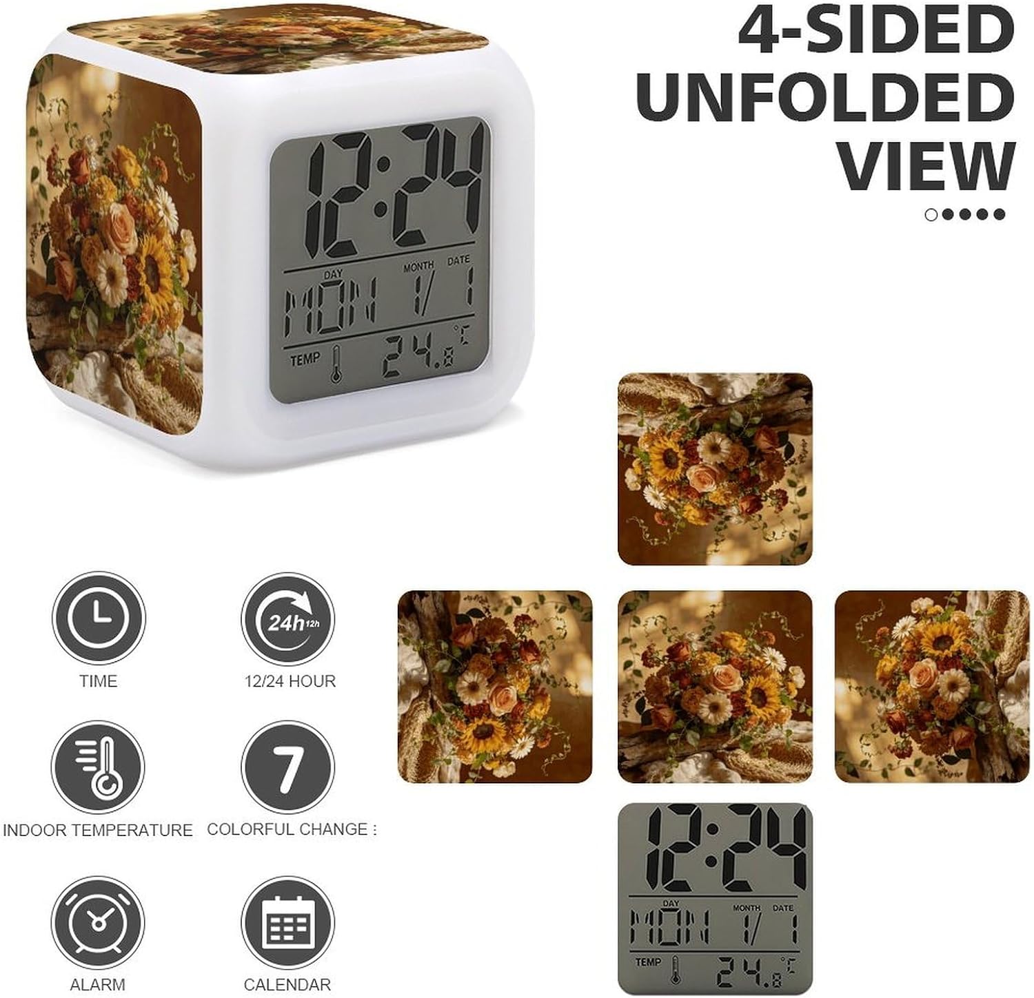Night Light Alarm Clock, 7 Color Changing, Boho Floral image 4