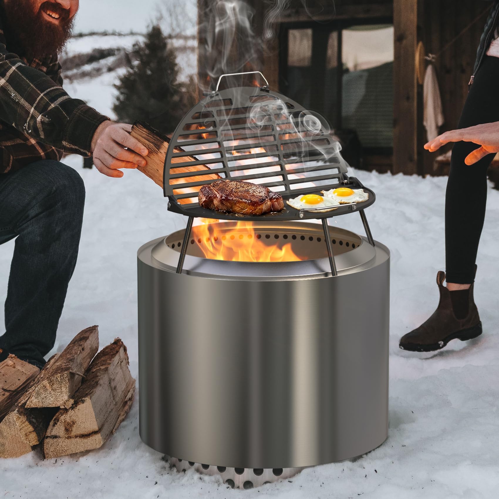 Onlyfire Żeliwna płyta grillowa Solo, bezdymny Bonfire, 49,5 cm, składany grill i płyta grillowa 2 w 1 z kubkiem tłuszczu do grilla na podwórku i na świeżym powietrzu