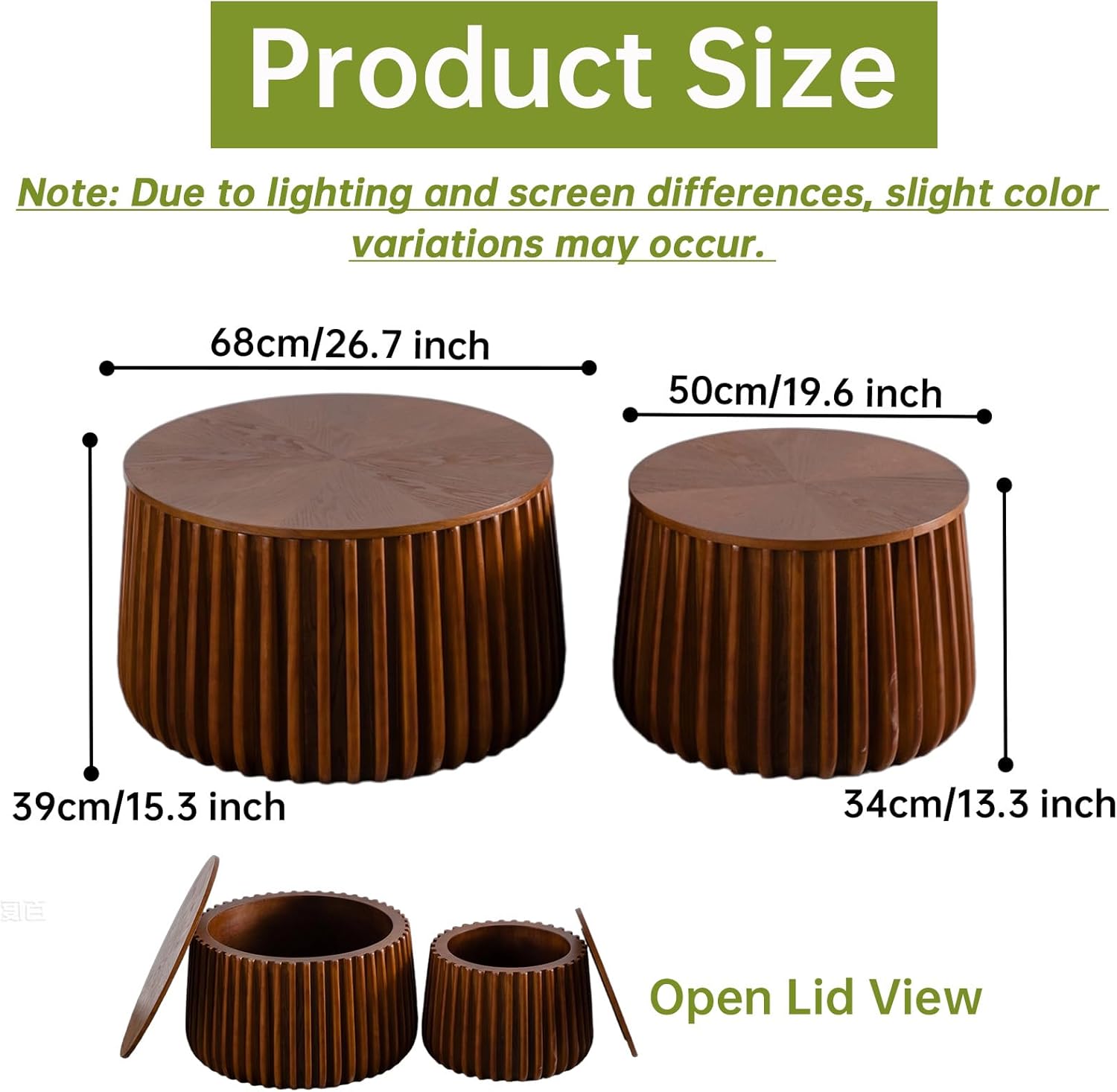 Round Nesting Coffee Table with Storage, 26" Round Wood Fluted Coffee Tables Set of 2 with Storage for Living Room Mid-Century Modern Circle Nesting End Side Table (A)