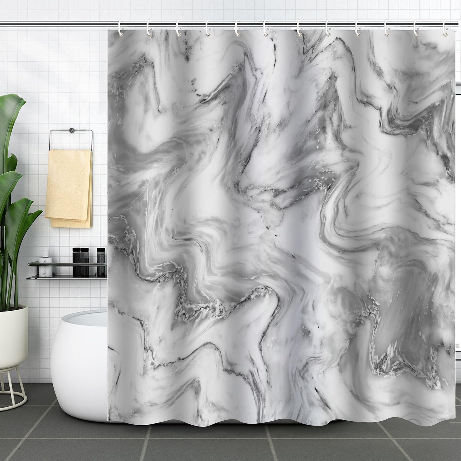 FAIRYGATE Long Shower Curtains Fabric Marble for Bathroom Mould Proof Resistant with Steel Hooks Gray and White Shower Curtain Marble Design Crack Bathroom Decor Heavy-duty Waterproof B8909