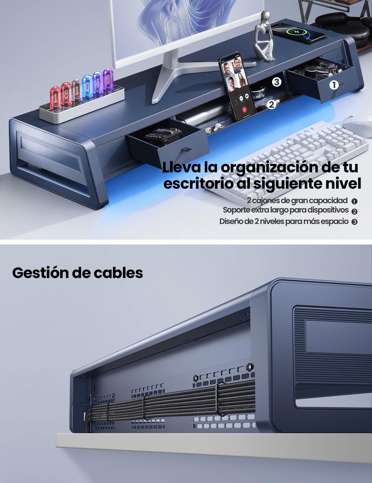 Vaydeer Soporte elevador de monitor dual todo en uno con 2 cajones, 8 puertos USB (4 de carga rápida, 4 para transferencia de datos), almohadilla de carga inalámbrica y tira de luz LED, organizador de