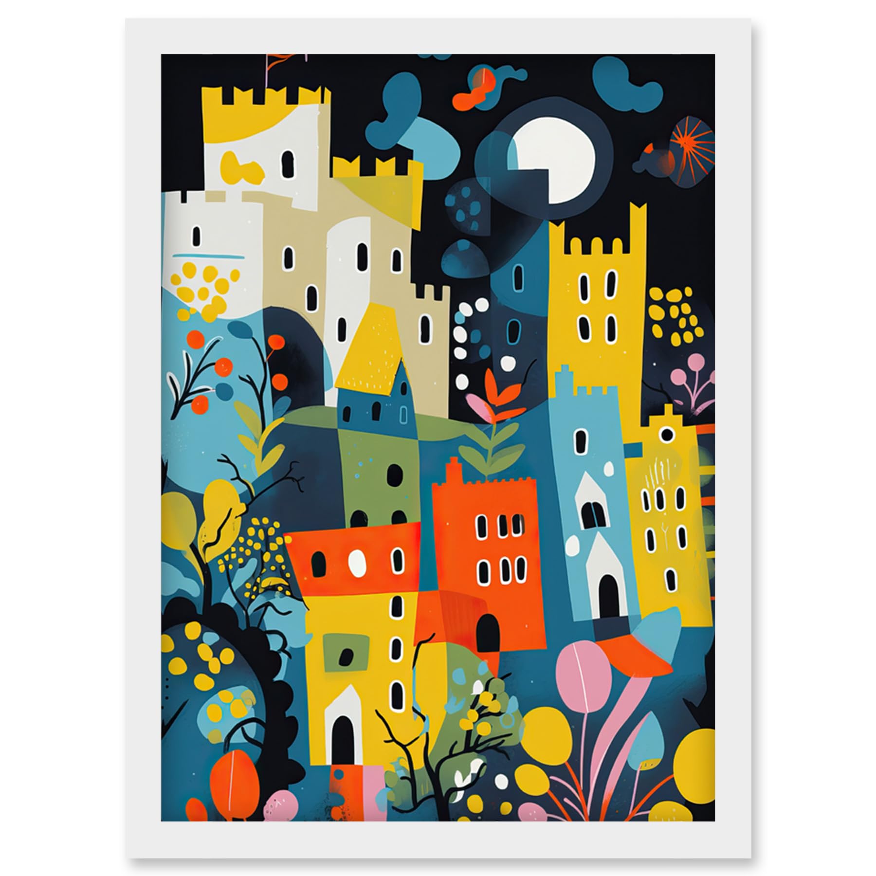 Artery8 Nottingham at Night Abstract Folk Art Cityscape Artwork Framed Wall Art Print A4