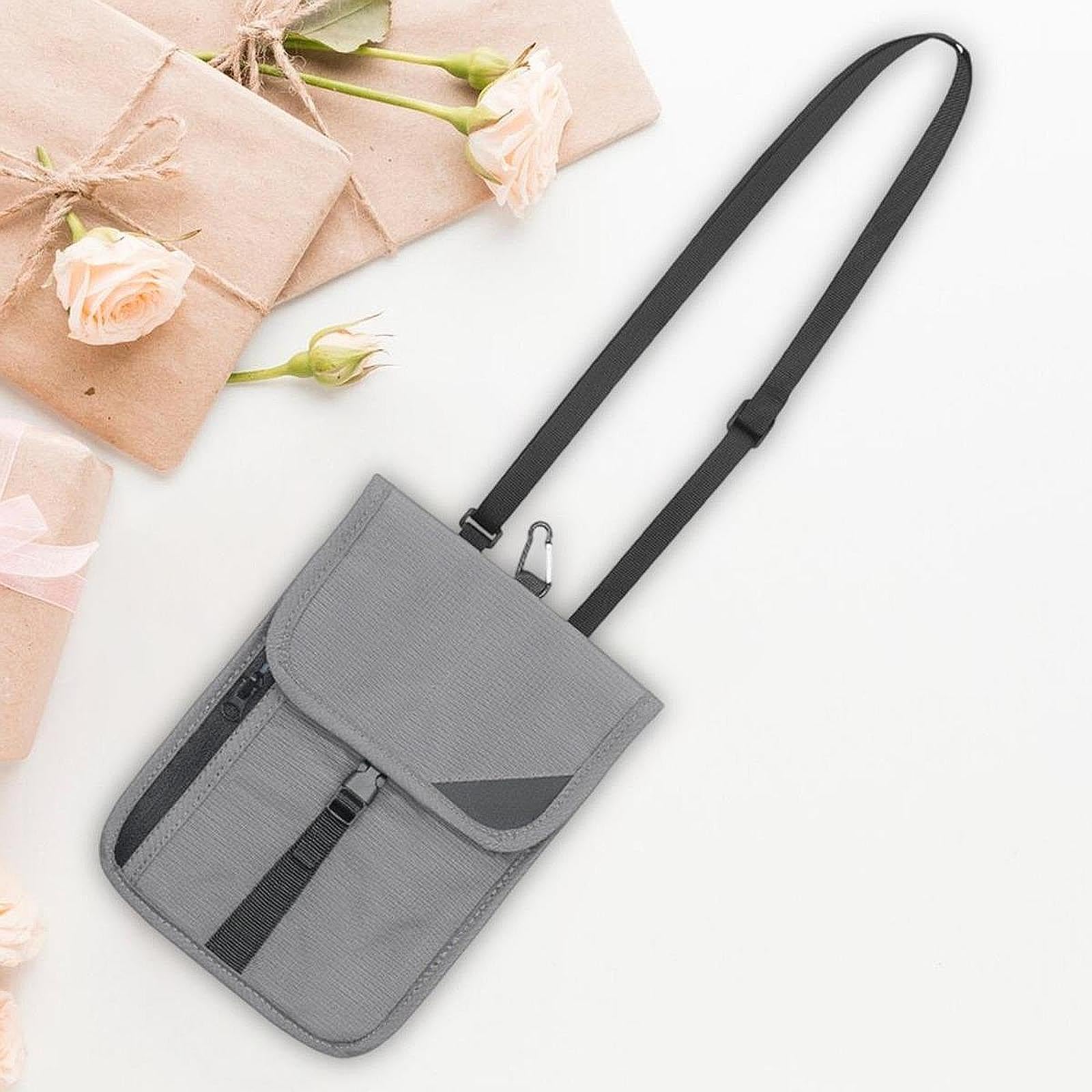 Qianly Pochette de Cou Pochette Passeport Sac Bandoulière Sécurisé en Polyester avec Poches Multiples et Boucle Pratique Adapté aux, Gris FoncÉ