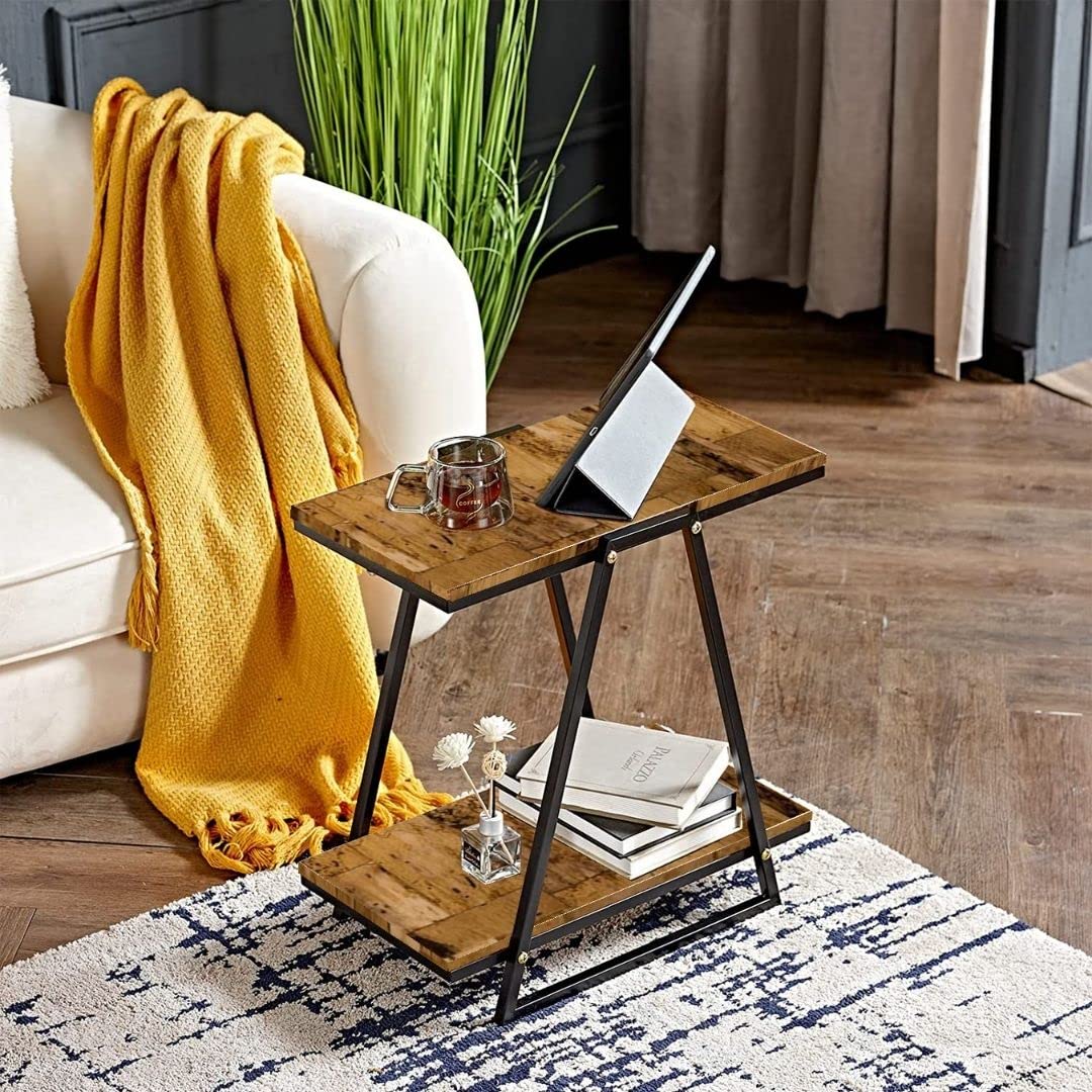 HIRVALL 2 Tier Sofa Table Office Table, Kitchen, Sofa Side Table School, Dining Room Waterproof Table Metal Frame Color (Brown)