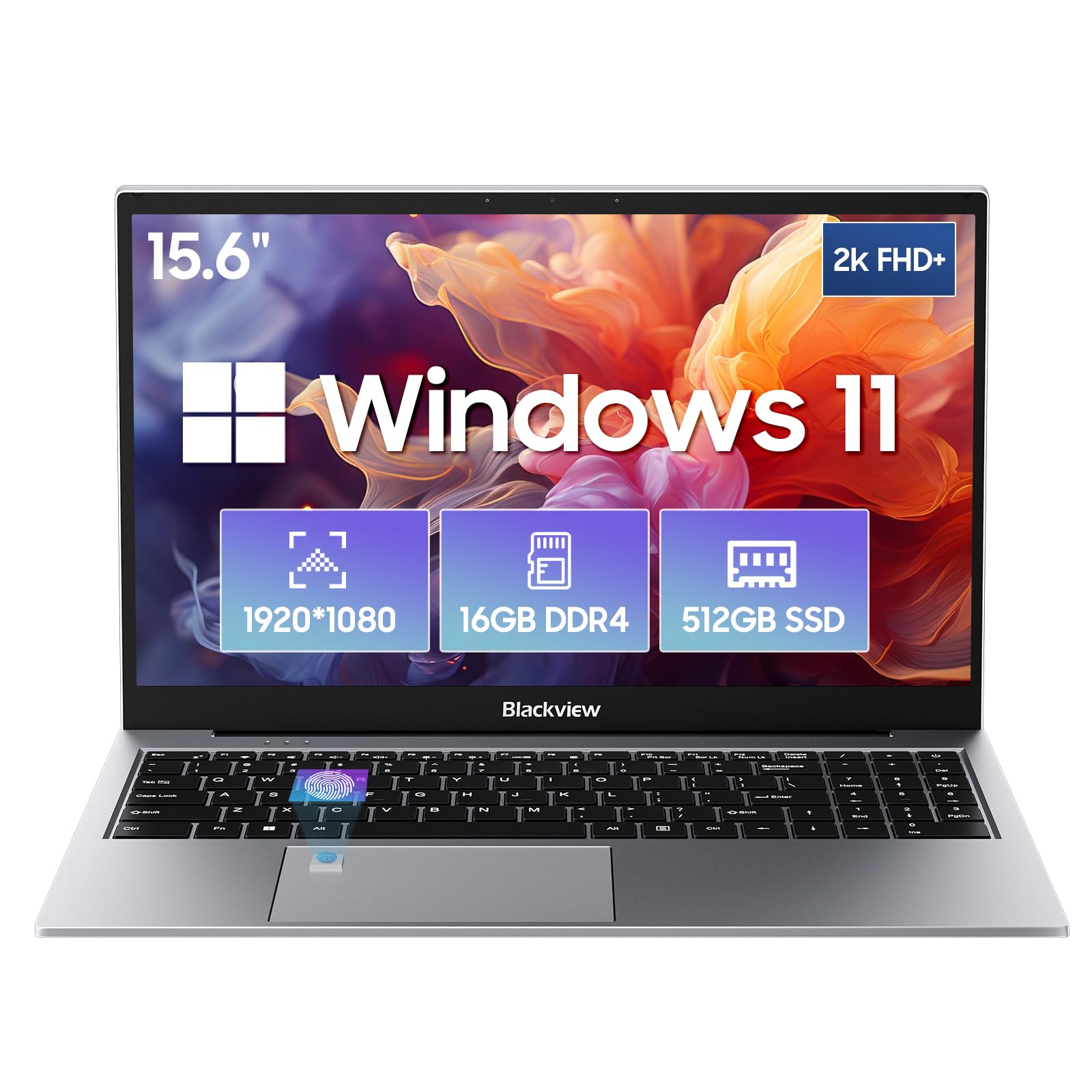 Blackview Ordenador Portátil 15,6" FHD+, 16GB DDR4 512GB SSD + TF, N150 3.6GHz/ UHD Graphics, Windows 11 Laptop, 38Wh, HDMI 2.0, Bluetooth, USB 3.0, Fingerabdruck. FaceID, WLAN 5G /Gris
