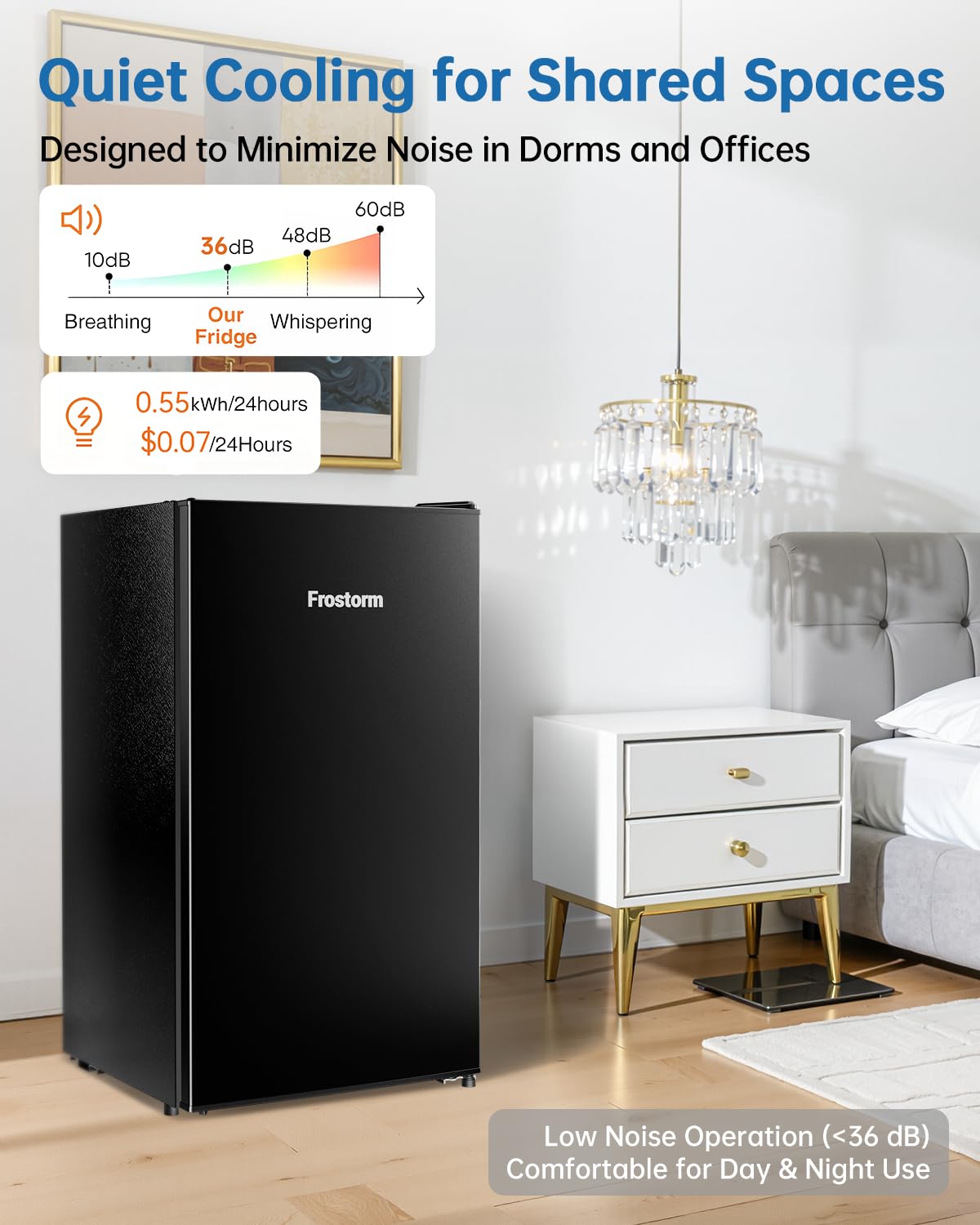 Frostorm 3.2 Cu Ft Mini Fridge with Freezer - Energy Efficient, Large Capacity Single Door Upright Freezer for Bedroom, Office & Dorm | Small Fridge, Reversible Door, ETL Certified(Black) - 4
