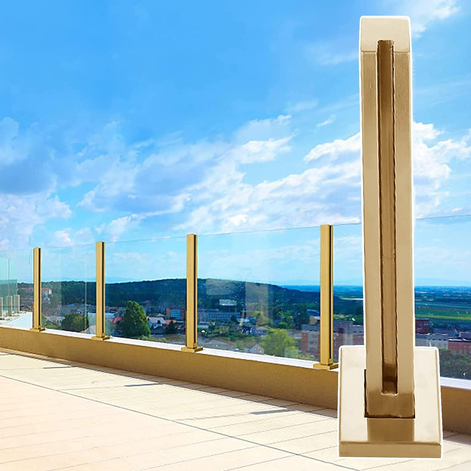 Poteau balustrade en verre doré pour sécuriser une terrasse design ou un escalier