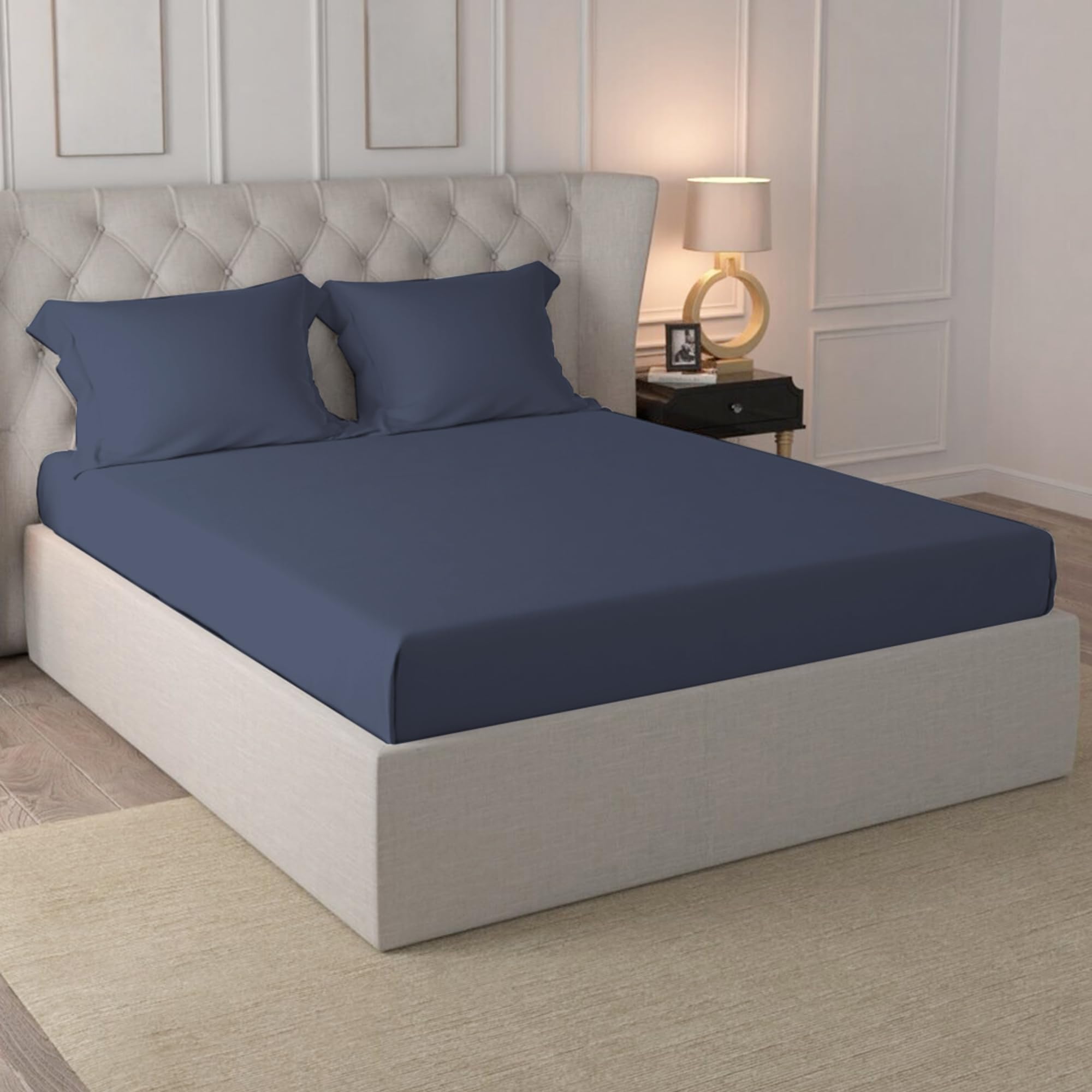 Pizuna 100% Cotton Fitted Bedsheet Single Bed 400 Thread Count Long Staple Cotton Sateen Fitted Bedsheet 40x76 Inch with 1 Pillow Cover, Dark Blue Elastic Fitted Bedsheets Single Bed fits 12 Inch