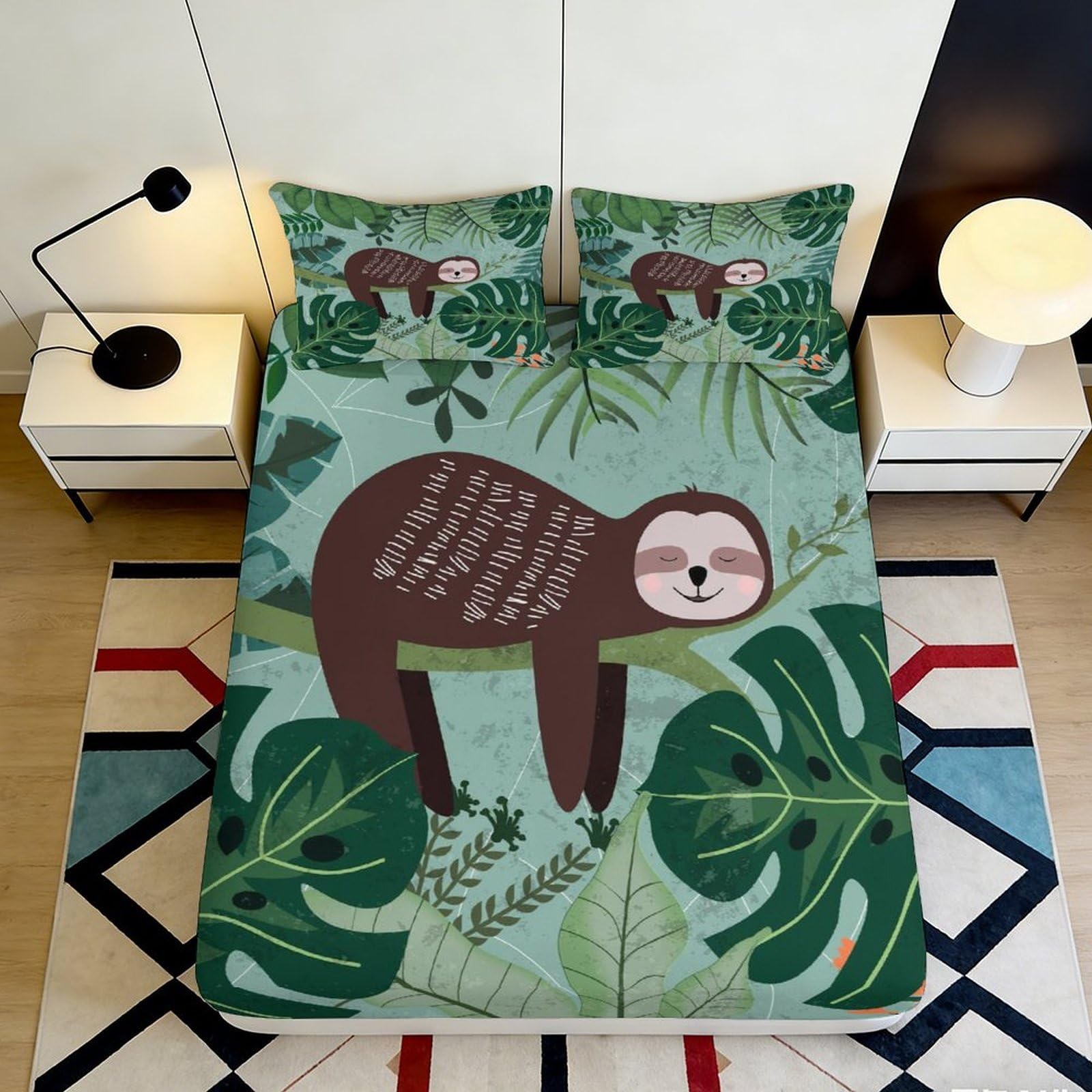 3D Printed Sloth Pattern Fitted Sheet Microfiber Soft Breathable Jungle Leaves Bed Cover for Bedroom Dormitory Guest Room Mattress Protection 160x200x25cm