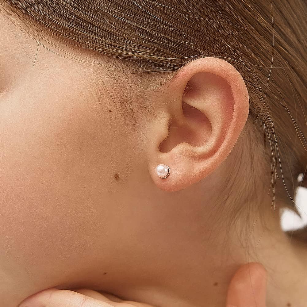 In Season Jewelry Pink Simulated Pearl Kids Earrings - 925 Sterling Silver Hypoallergenic Earrings for Girls with Safety Screw Backs - Safe & Comfortable for Toddlers, Kids & Little Girls, 3mm-5mm