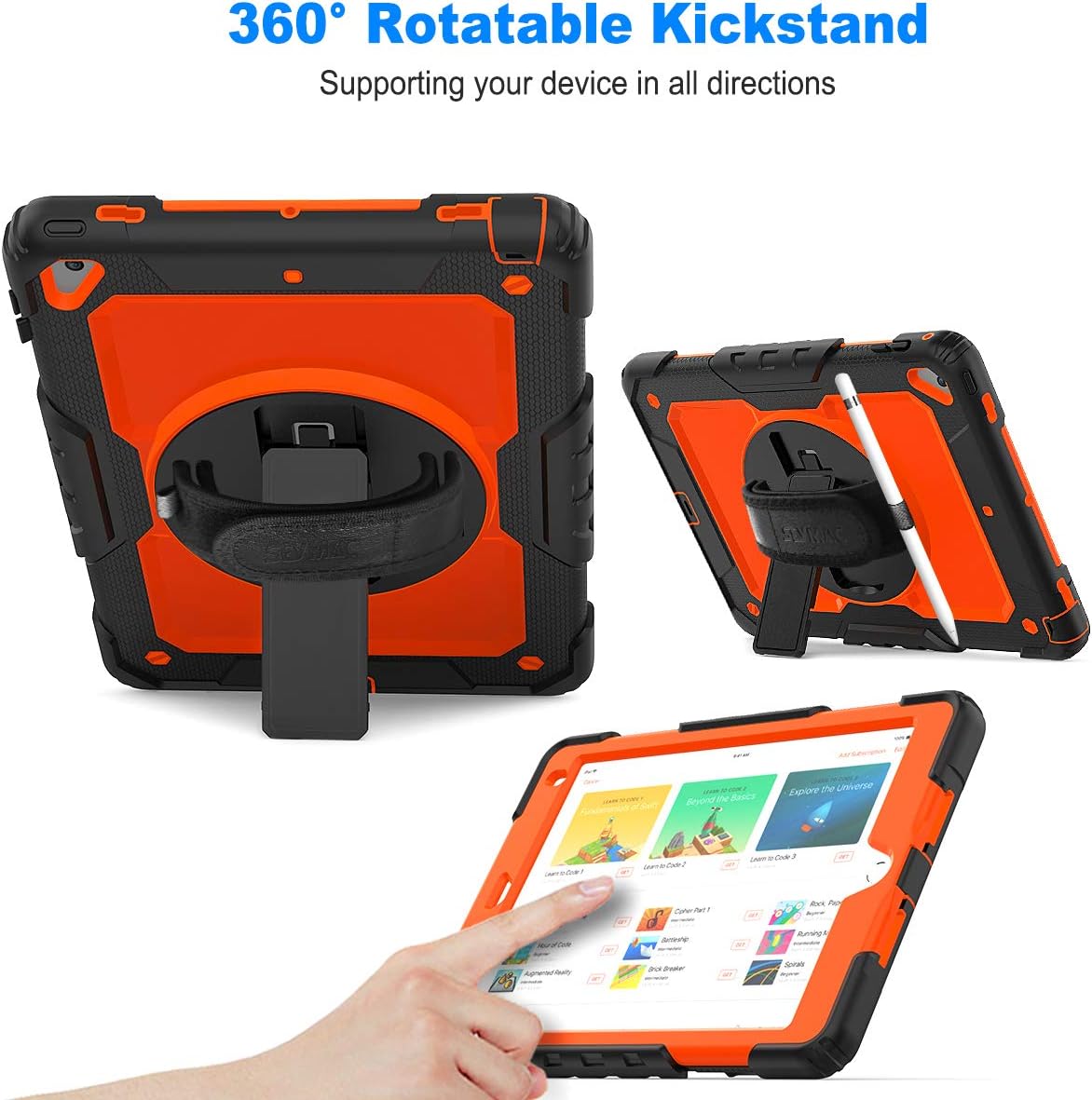 Best Cyber Monday 🔥 SEYMAC stock iPad 6th/5th Generation Case 9.7’’ with Screen Protector Pencil Holder [360 Rotating Hand Strap] &Stand, Drop-Proof Case for iPad 6th/5th/ Air 2/ Pro 9.7 (Orange+Black)