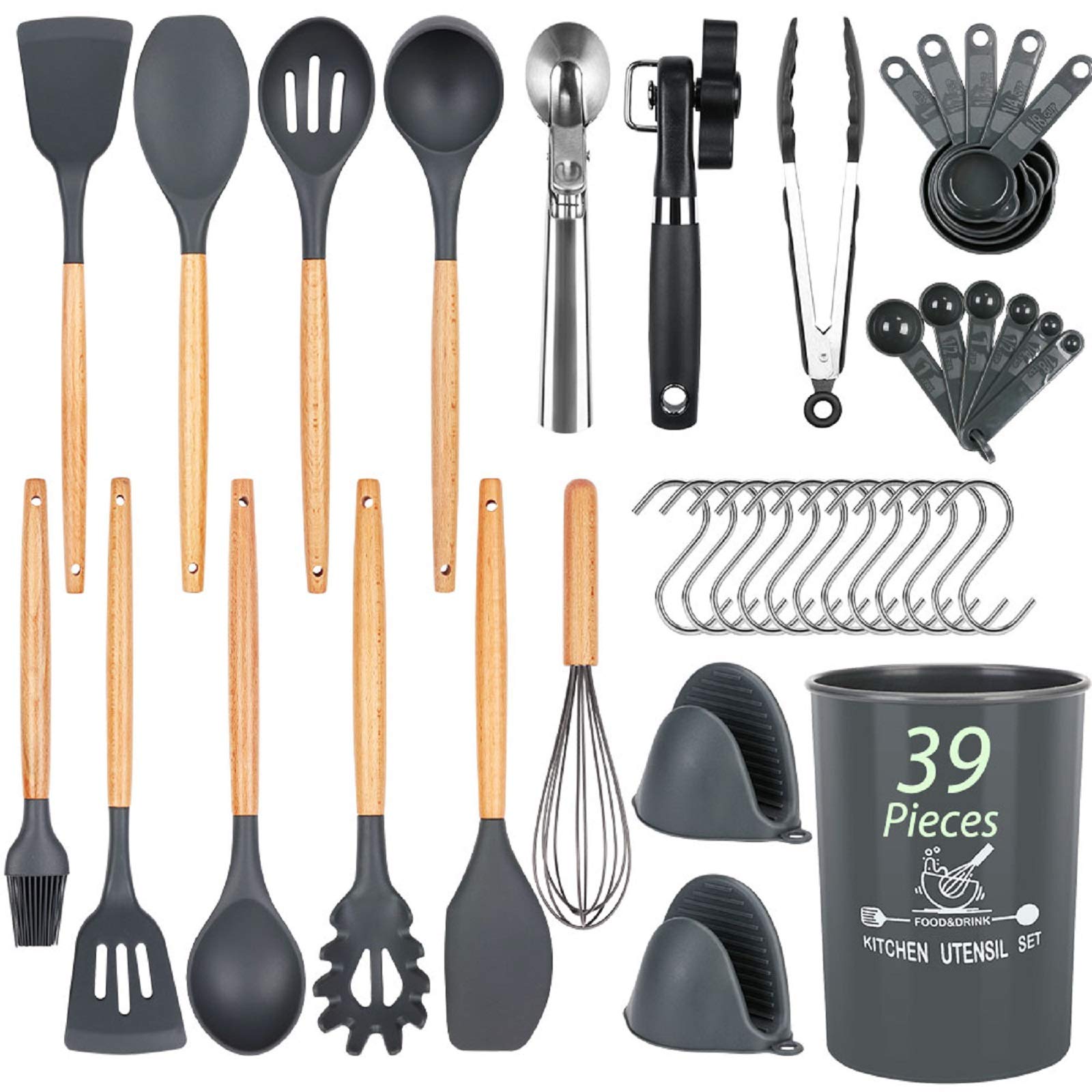 Docgrit Kitchen Utensil Set- 39 PCs Cooking Utensils with Oven Mitts, Ice Cream Scoop, Can Opener, Spoon Spatula &Turner M...