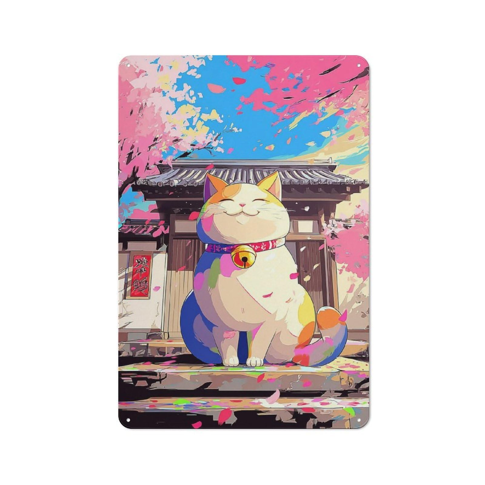 Junmoney Cherry Blossom Fortune Cat -1 Warehouse Style Tin Wall Sign 30X20cm Featuring Loft Wall Plaque For Loft, Studio, Office Or Creative Room
