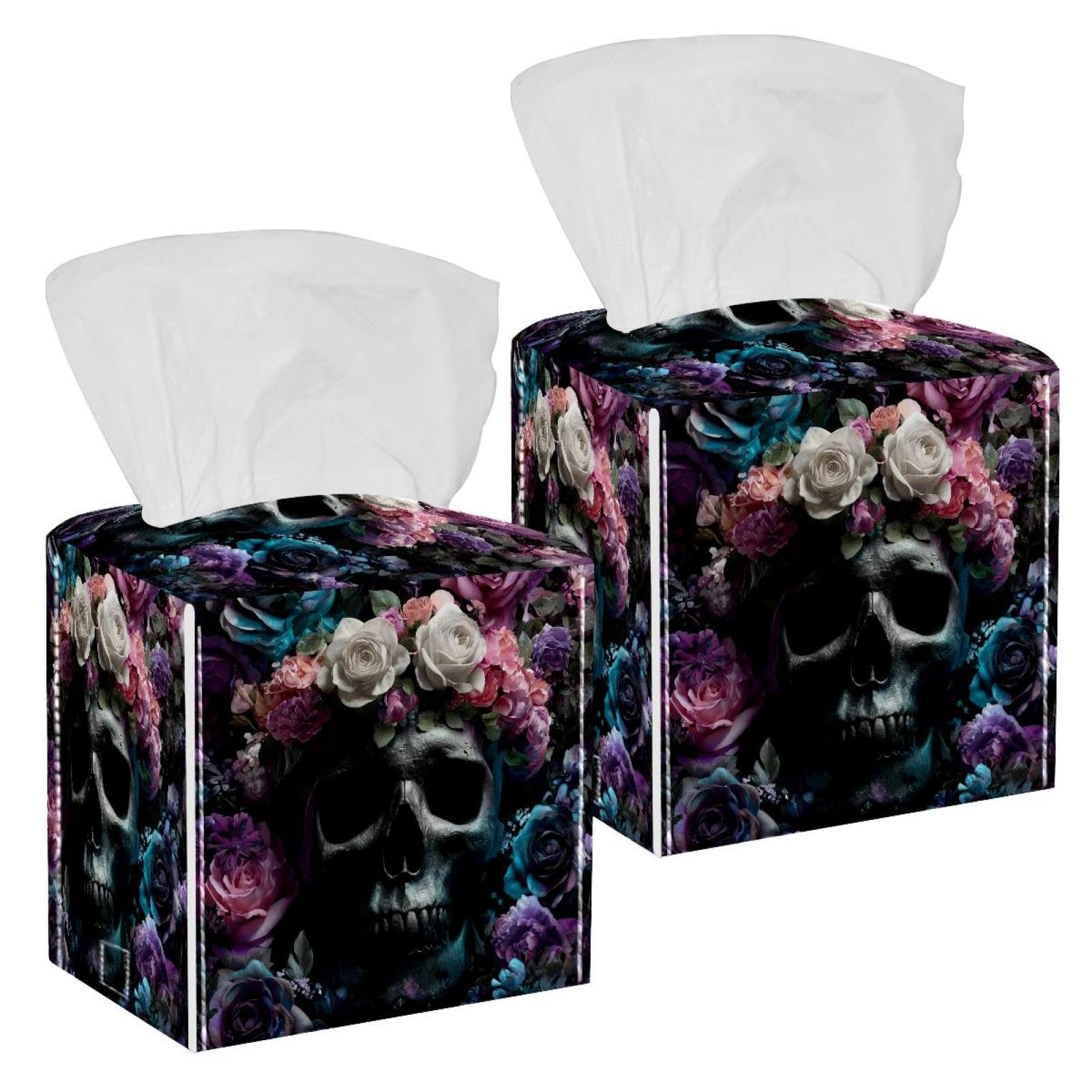Skull Tissue Box Cover, 2 Pack PU Leather Square Facial Tissue Dispenser Box holder for Home Office Car