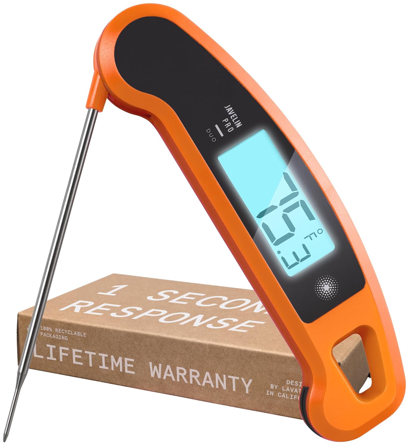 Lavatools Javelin® PRO Duo Ultra-Fast 1-Second Professional Digital Instant Read Meat Thermometer for Grill and Cooking, Auto-Rotating Backlit Display, IP65 Water Resistant, NSF Certified – Tangerine