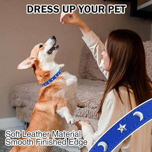 Miniatura 10 de Collar de cuero para perros pequeños y medianos, collar ajustable con remache de estrella y luna con hebilla de metal resistente al óxido, collares