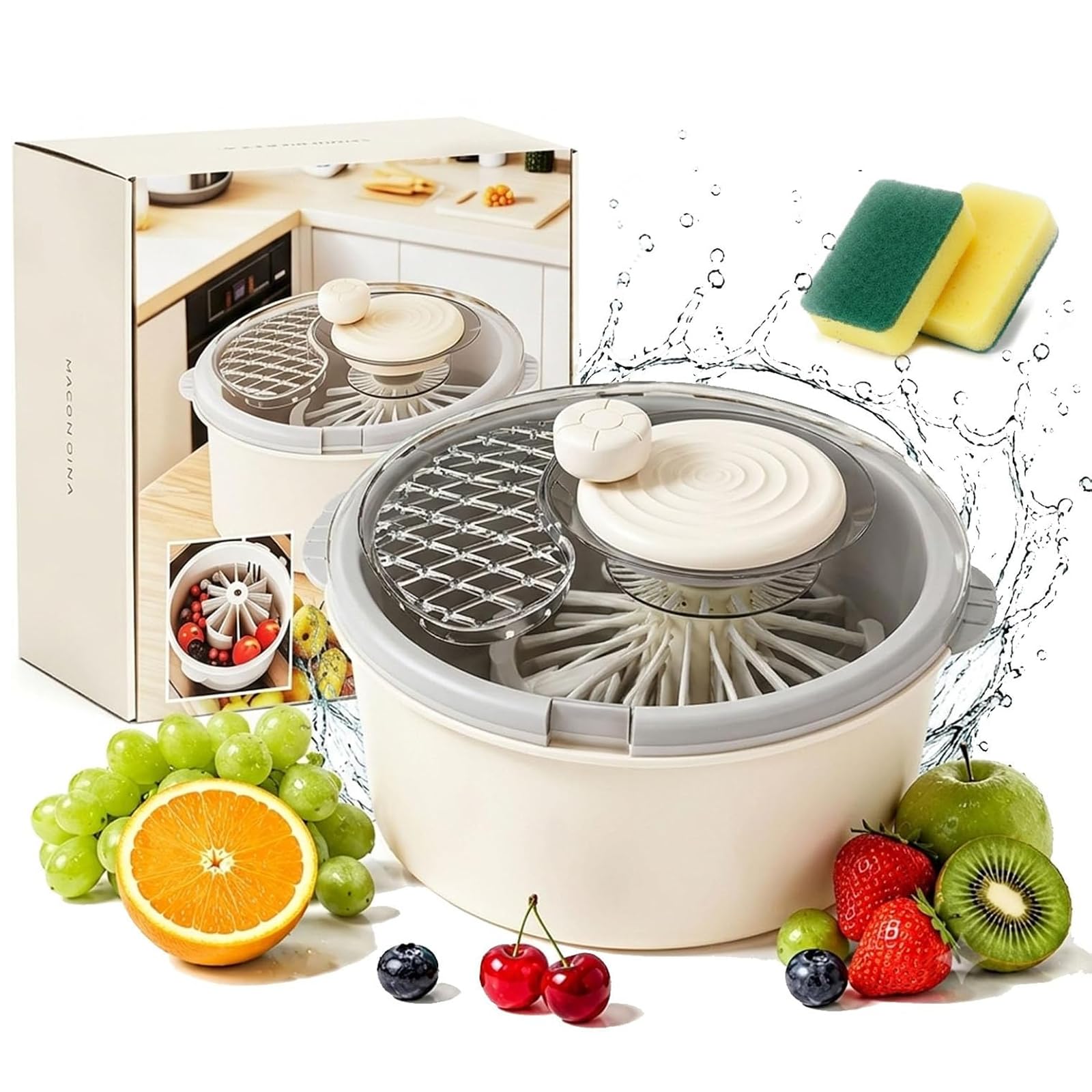 Pealeaf Centrifuga Elettrica Frutta E Verdura, Lava Insalata con Ciotola, Pulitore Automatico per Lattuga Bacche Erbe Base Antiscivolo (Beige,Manual)