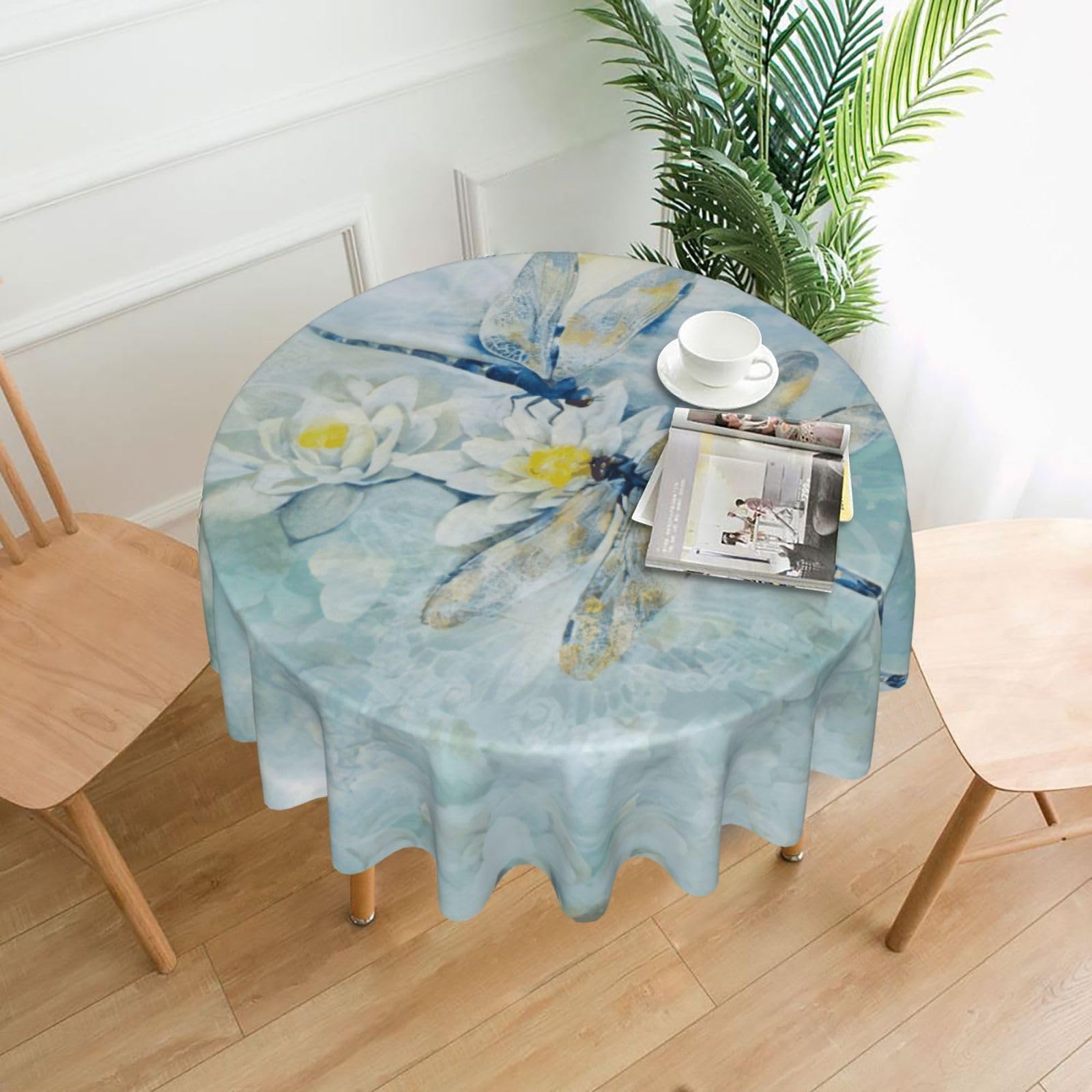 Zcmkjlg Dragonfly lotus Print Quick Ship Round Tablecloth 60in Polyester Washable Cover for Dining Room
