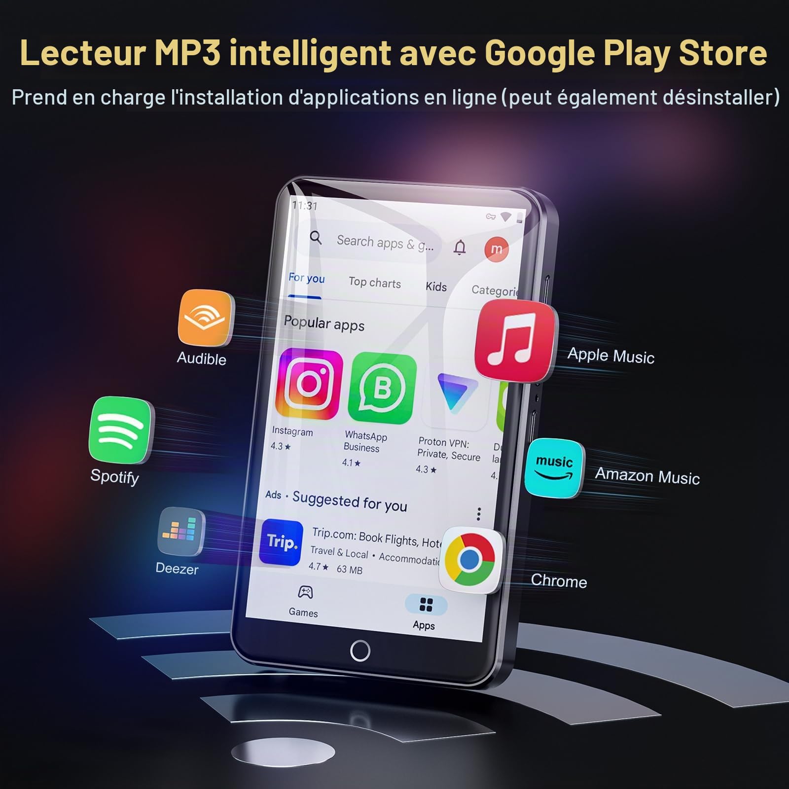 Lecteur MP3 avec Bluetooth et WiFi, Oilsky 80GB 4'' Android 9.0 Lecteur de Musique, MP4 à écran Tactile 1080P, Mp3 Portable avec Spotify, Audible, Deezer (Noir)