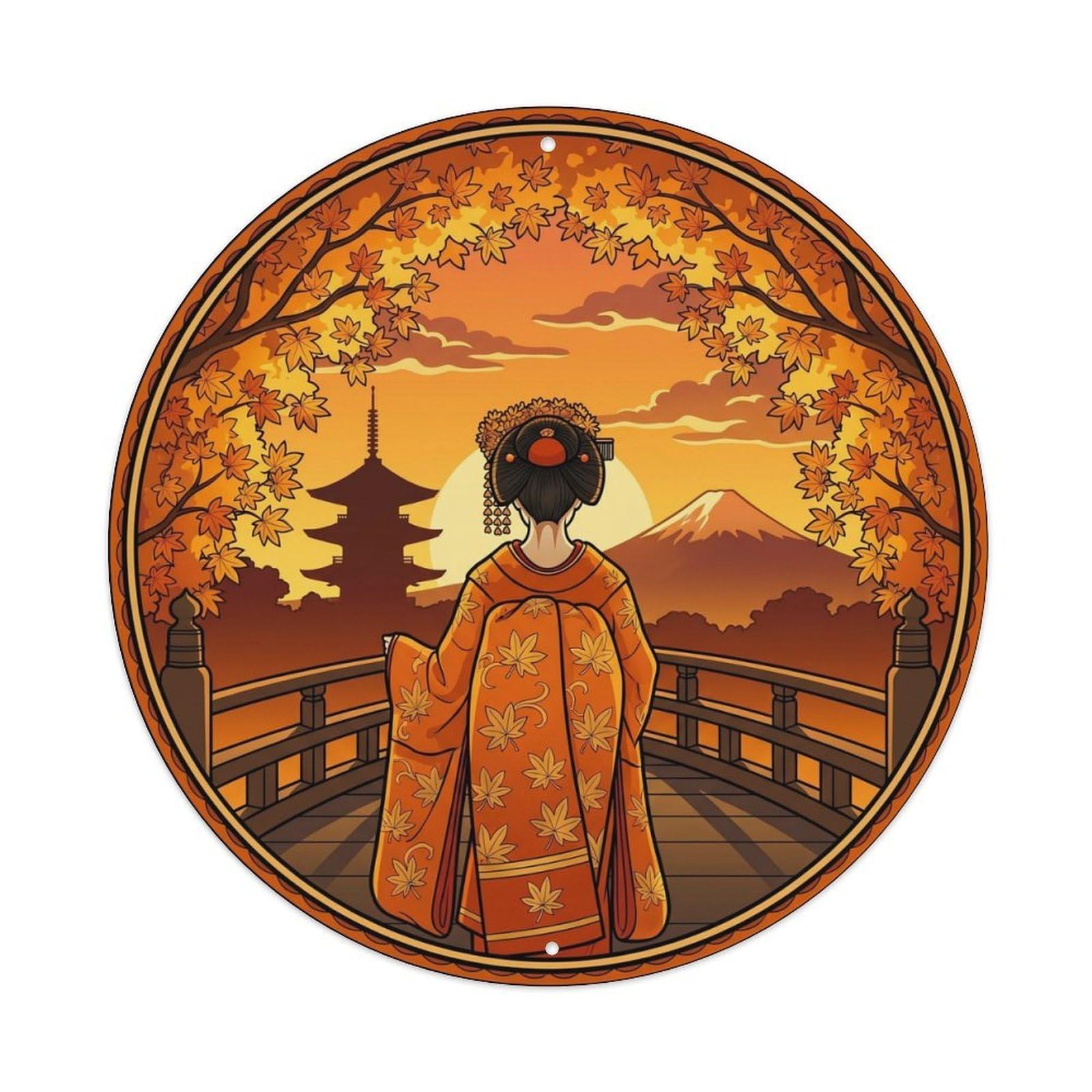 Galvaxio Style Japanese Kimono Woman In Orange Sunset Warm Scenery Metal Tin Sign