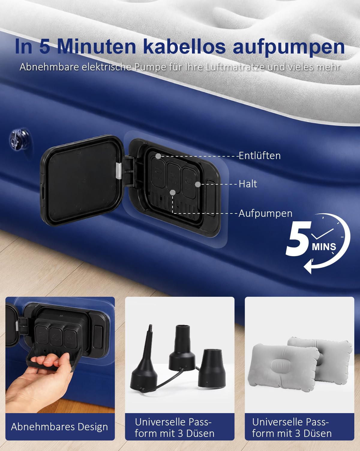 Spopal Luftmatratze Selbstaufblasend, [200×152×40 cm] Luftbett 2 Personen | Aufblasbare Matratze mit Elektro-Pumpe, Schnell aufblasbare, Tragfähigkeit 450kg für Gästebett, Zuhause, Camping, Zelt, Sofa