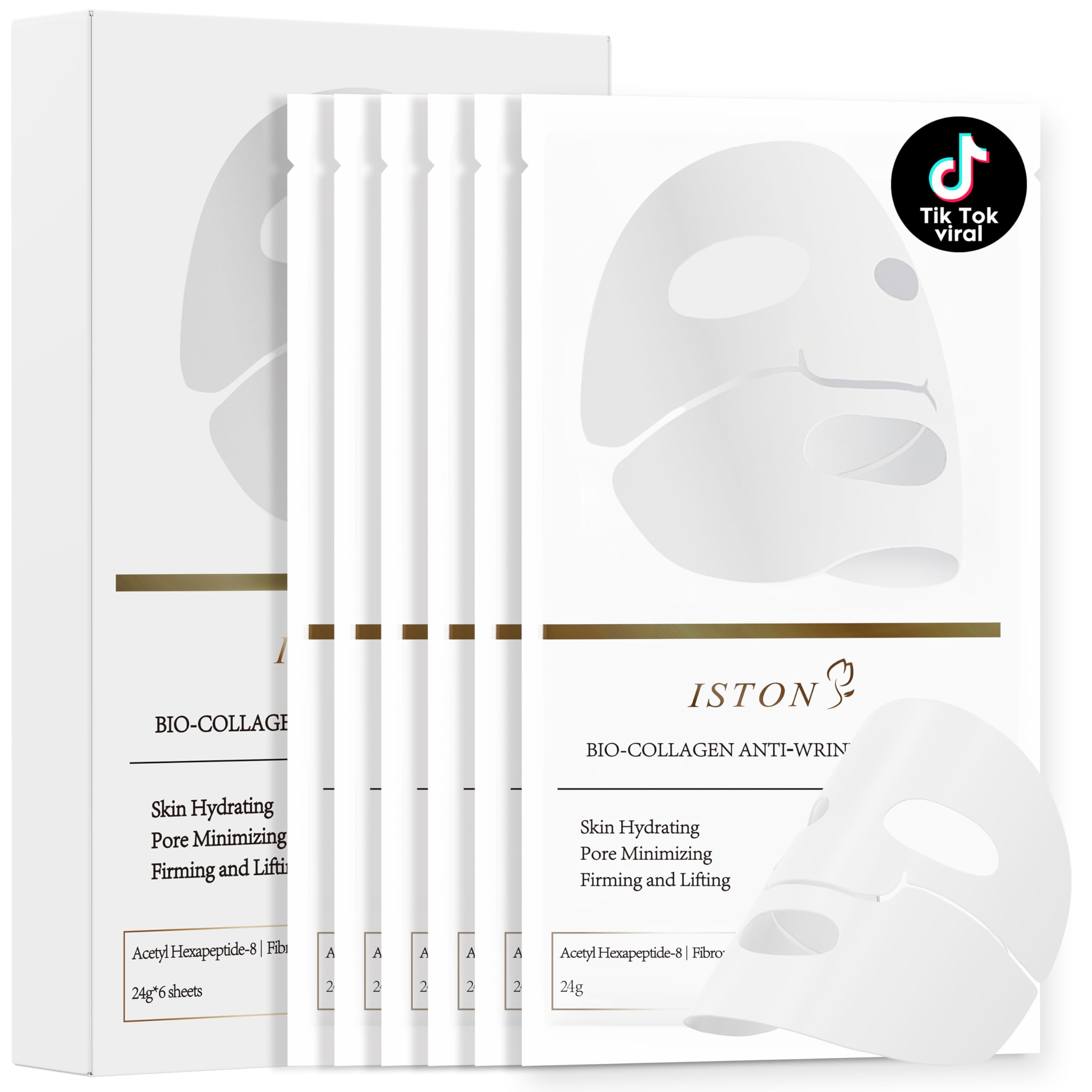 6 Pack Bio-Collagen Real Deep Anti Wrinkle Lifting Mask,Overnight Hydrating Face Mask for All Skin Types -Pore Minimizing,Elasticity Enhancing,Firming,Moisturizing