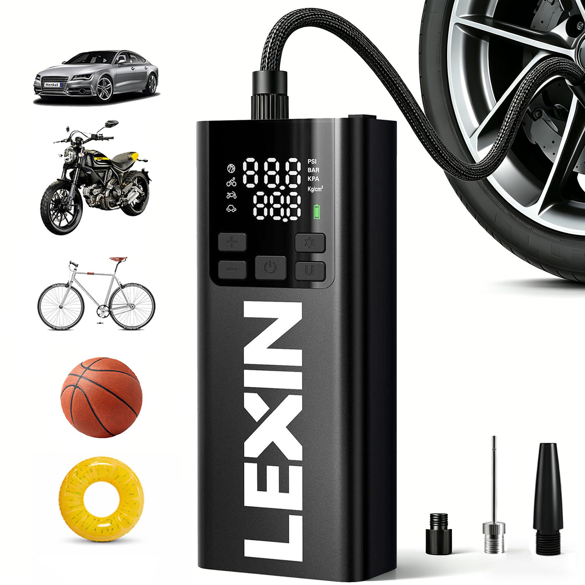 LEXIN P4 Elektrische Luftpumpe, Akku Kompressor 4000mAh, Tragbare Luftpumpe Fahrrad 150 PSI (10,3 Bar), Luftkompressor für Fahrrad Auto Motorrad Bälle, Mini Reifenpumpe mit LED-Anzeige, Notbeleuchtung
